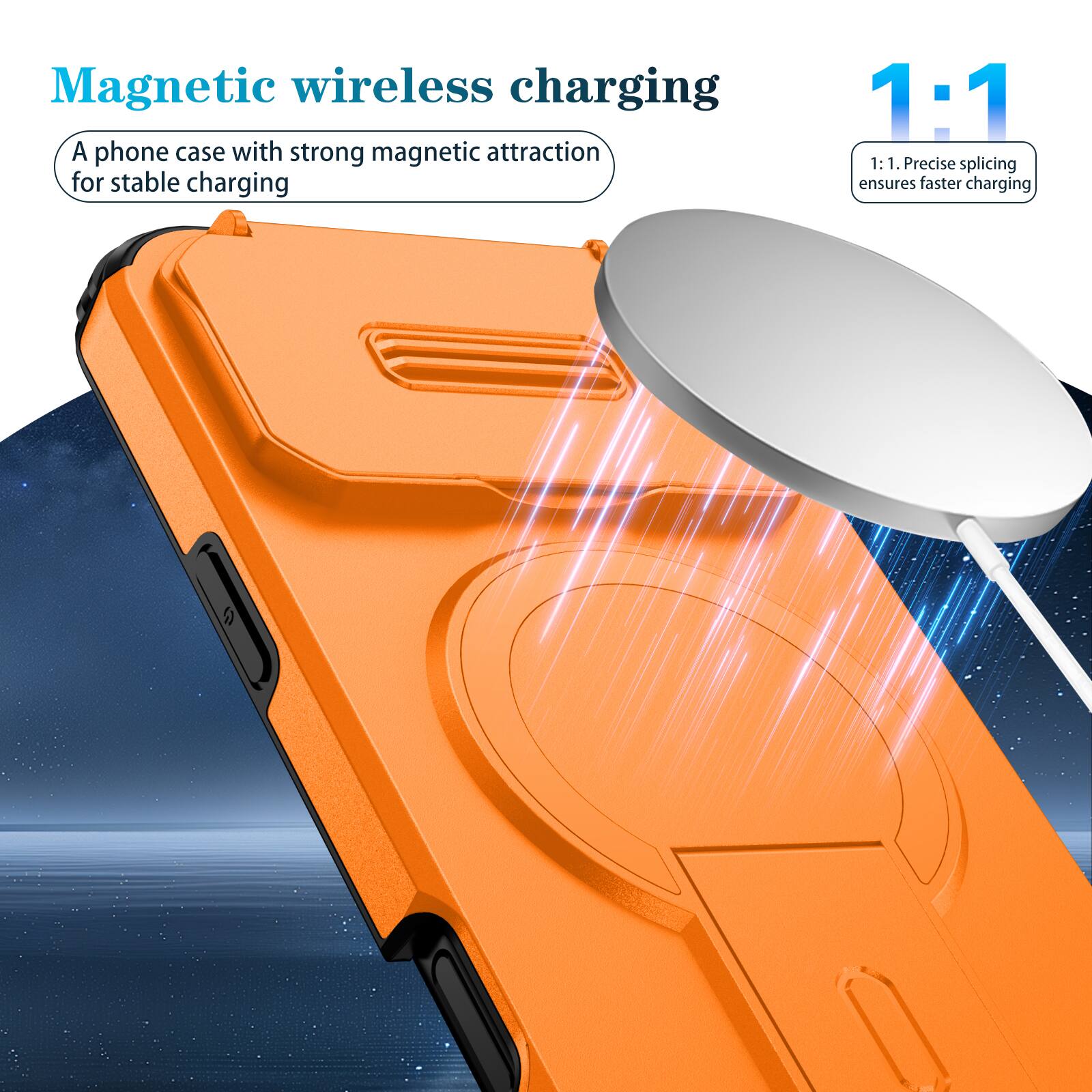 Magnetic wireless charging

A phone case with strong magnetic attraction for stable charging

1:1

1:1. Precise splicing ensures faster charging