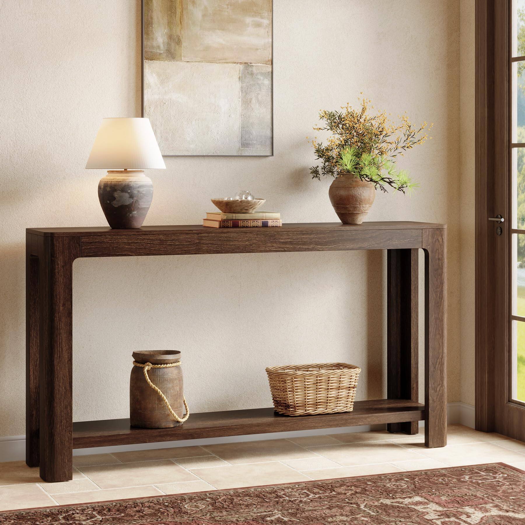 Left. Tribesigns - 63-Inch Console Table, Farmhouse Entryway Table with Storage, Narrow Sofa Table Behind Couch for Living Room, Hallway, F - Dark Brown.