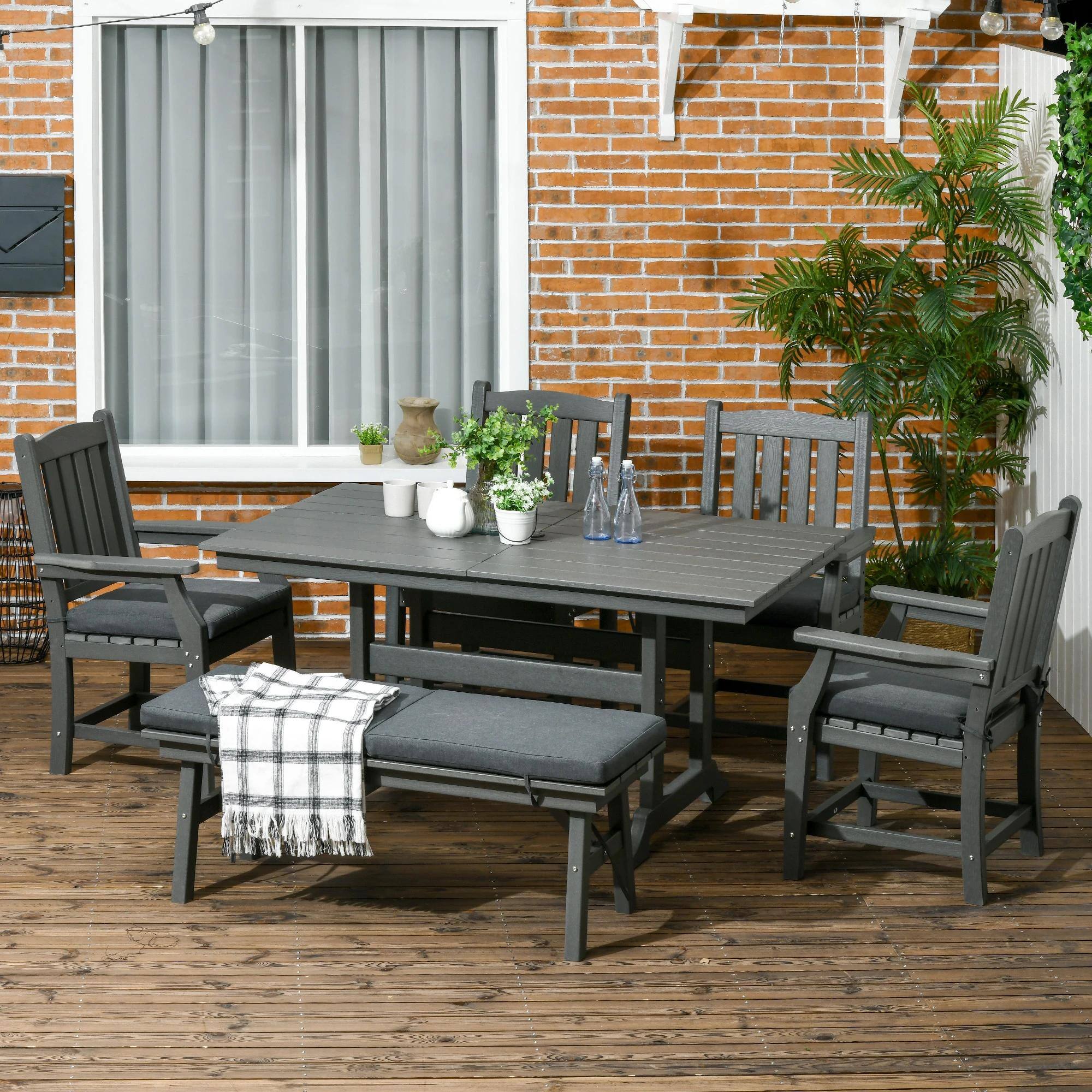 Alt View 7. Resenkos - Resenkos 6 Piecess Patio Dining Set, Four Chairs And A Dining Bench, Cushions, Gray - Gray.
