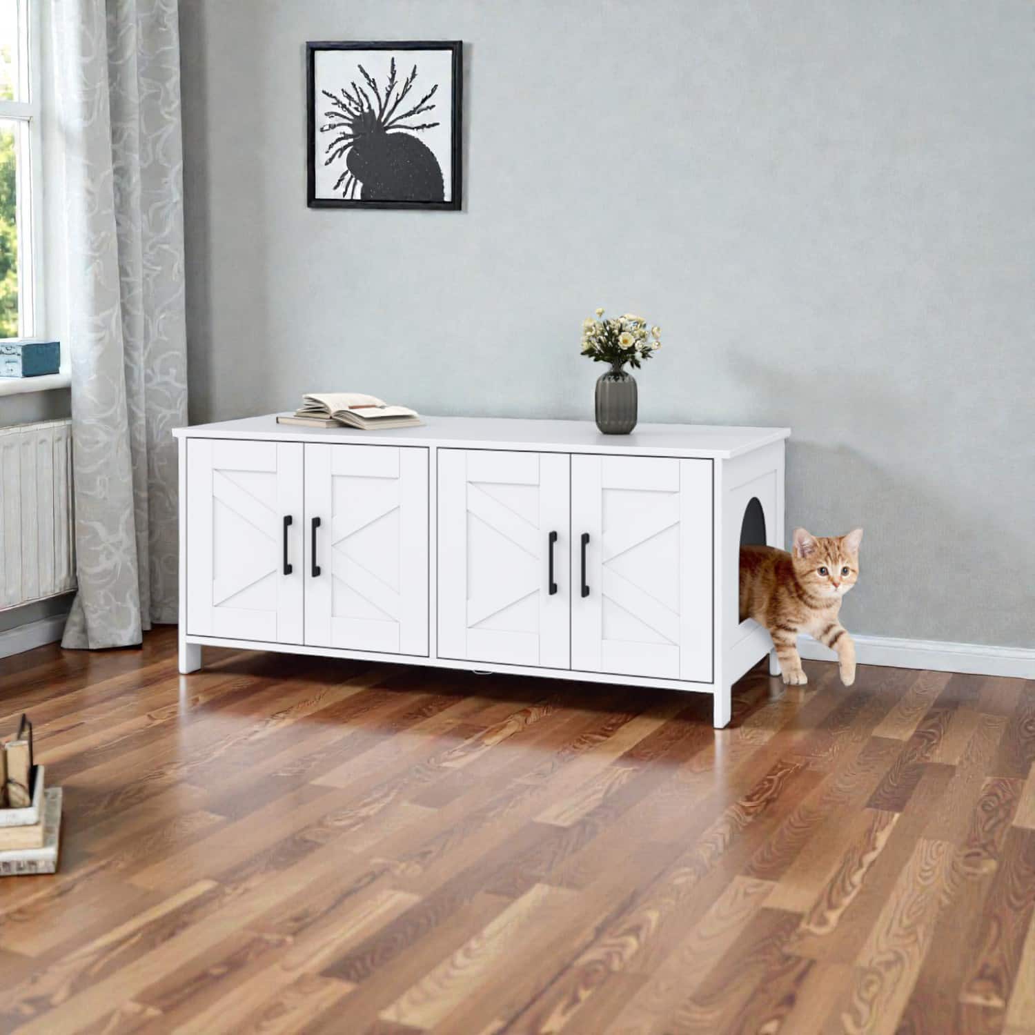 BreeBe - Modern Cat Litter House for Two Cats with Concealed Litter Area - White