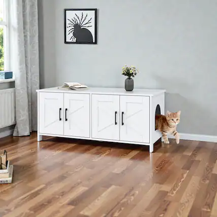 Front. BreeBe - Modern Cat Litter House for Two Cats with Concealed Litter Area - White.