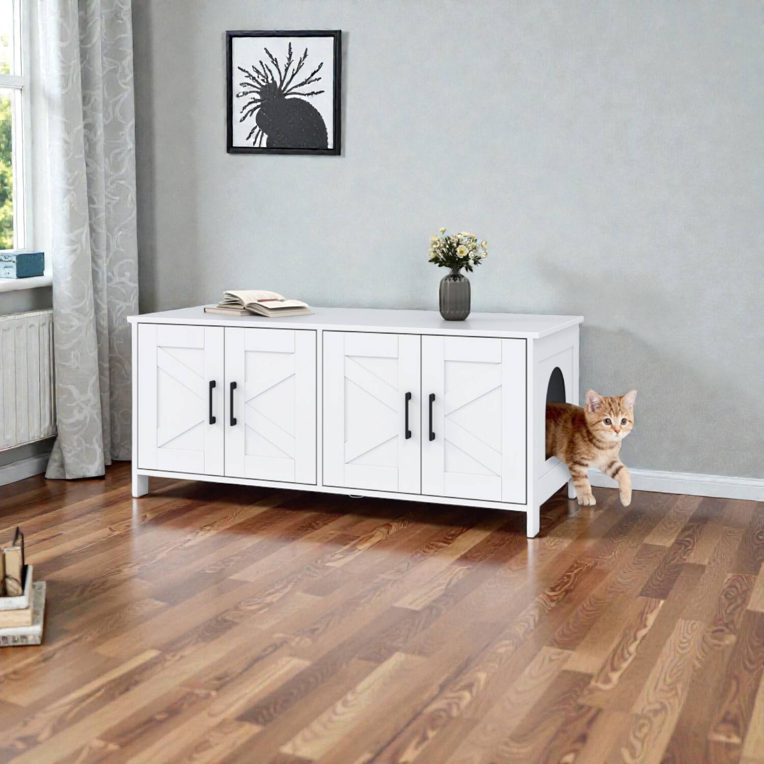 Front. BreeBe - Modern Cat Litter House for Two Cats with Concealed Litter Area - White.