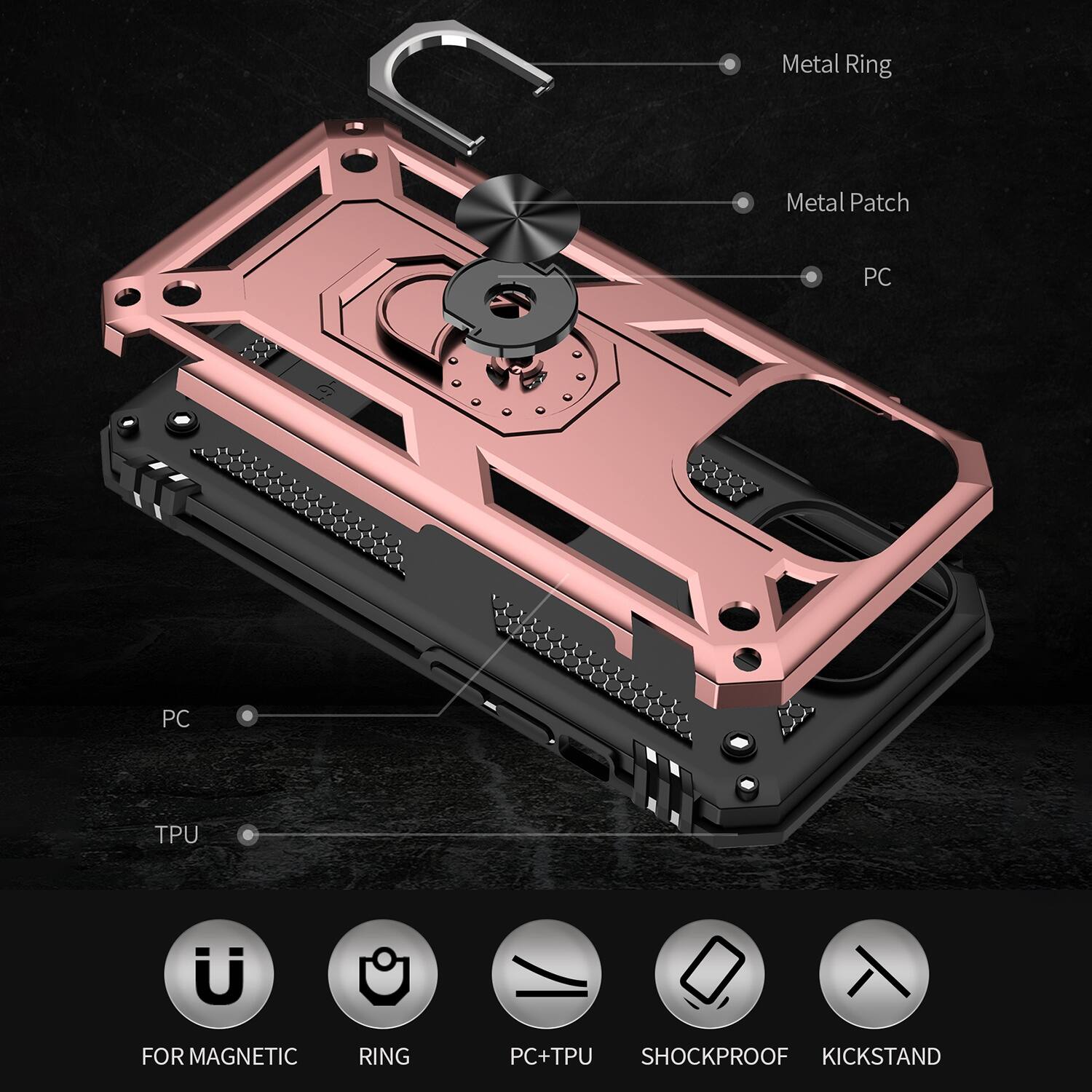 The text on the image can be grouped and corrected as follows:

1. Metal Ring
2. Metal Patch
3. PC
4. TPU
5. U for Magnetic Ring
6. PC+TPU
7. Shockproof
8. Kickstand