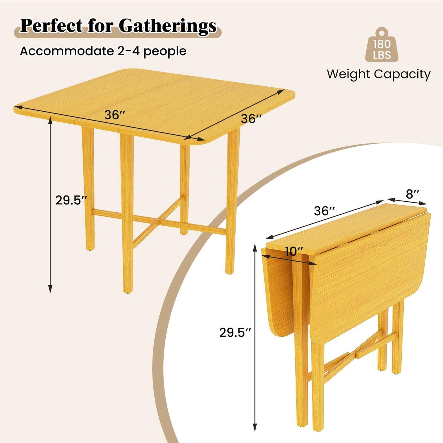 Perfect for Gatherings  
Accommodate 2-4 people  
180 LBS Weight Capacity  
36" x 36"  
29.5"  
8" x 10"  
29.5"