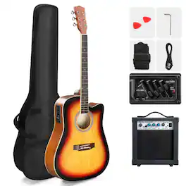 Winado - 41 Inch Full-Size Beginner Acoustic Electric Guitar with EQ,Cutaway Guitar Kit with Extra Strings, Capo & Gig Bag - Sunset