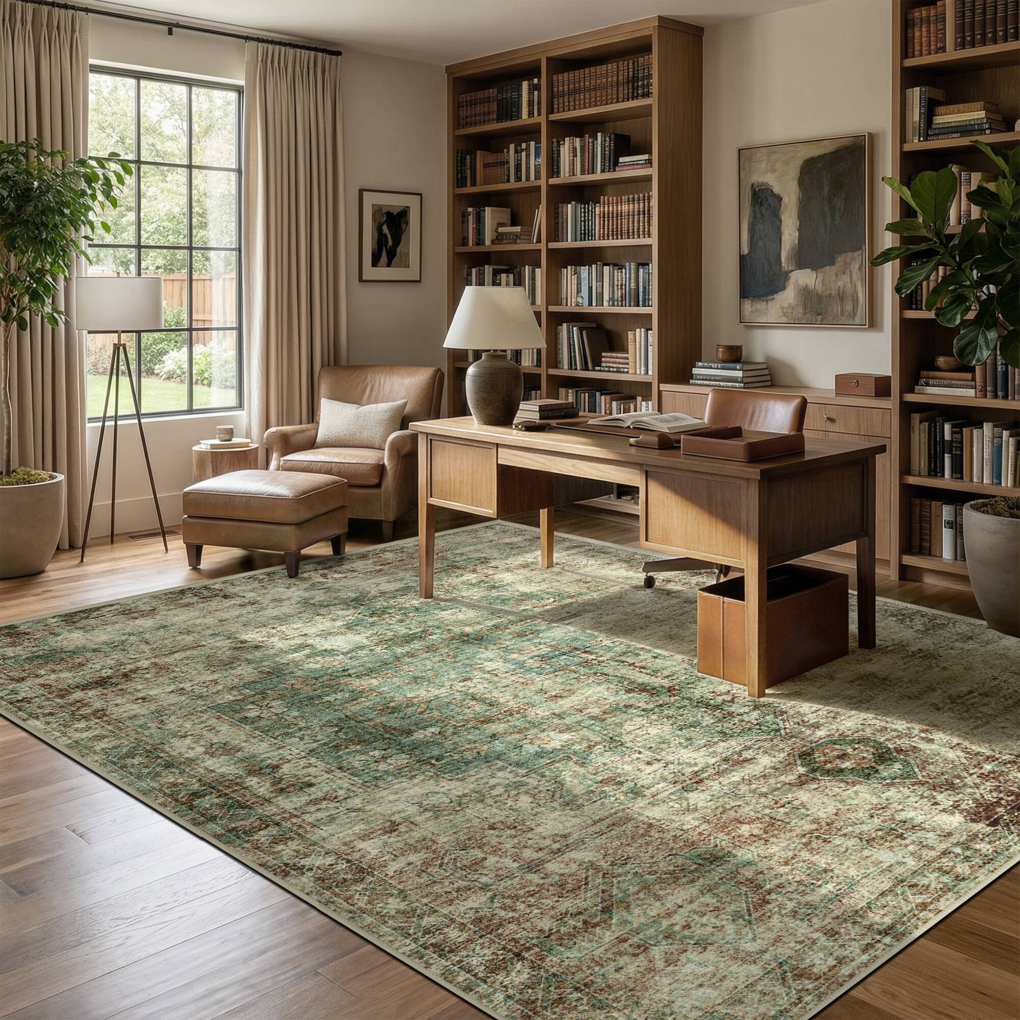 Alt View 4. KERDOM - 5x7 Vintage Boho Medallion Area Rug, Machine Washable, Non Slip Back Low Pile, Large Living Room Bedroom Dining Room Rug - Green Brown.