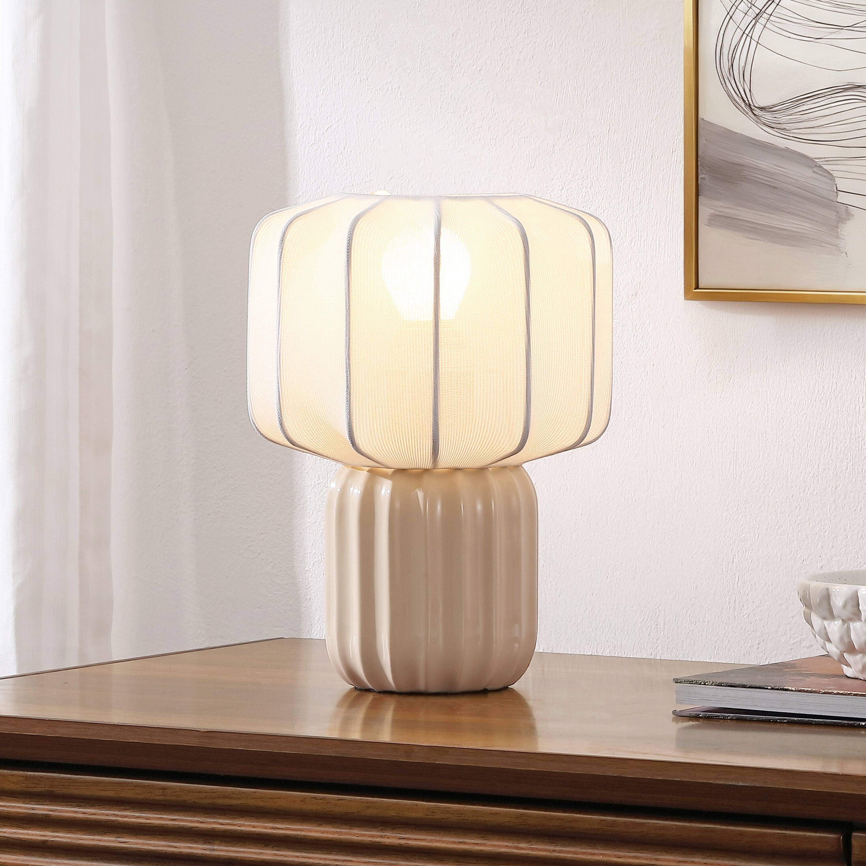 Alt View 1. Jonathan Y - Leola 10 in. Modern Contemporary Ceramic Fluted Mini with Ribbed Cocoon Pumpkin Shade LED Table Lamp, Almond/White - Almond.