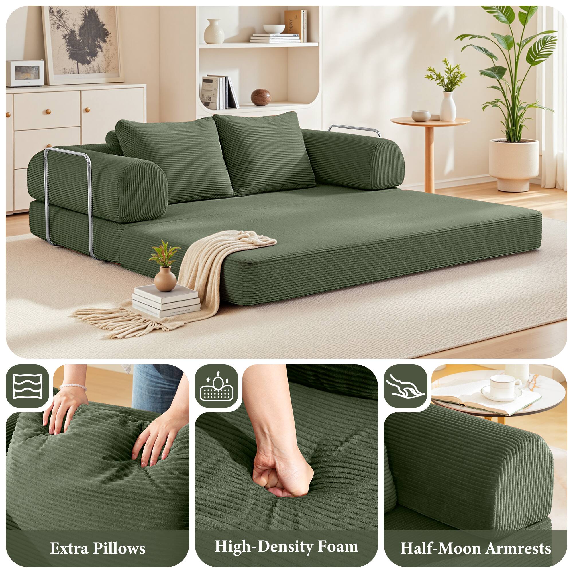 Extra Pillows  
High-Density Foam  
Half-Moon Armrests
