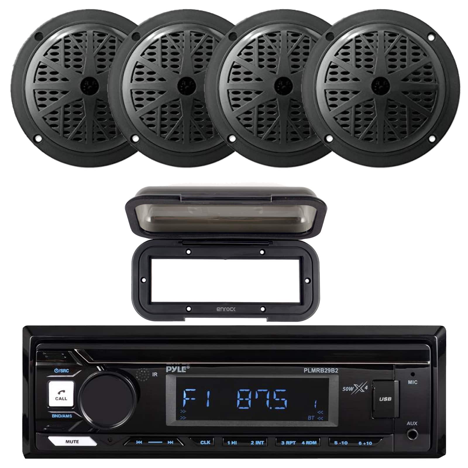 Pyle - Marine Bluetooth Stereo Receiver w/Cover, 4x 6.5'' 120 Watt Max Power Dual Cone Boat Audio Black Speakers