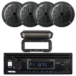 Pyle - Marine Bluetooth Stereo Receiver w/Cover, 4x 6.5'' 120 Watt Max Power Dual Cone Boat Audio Black Speakers