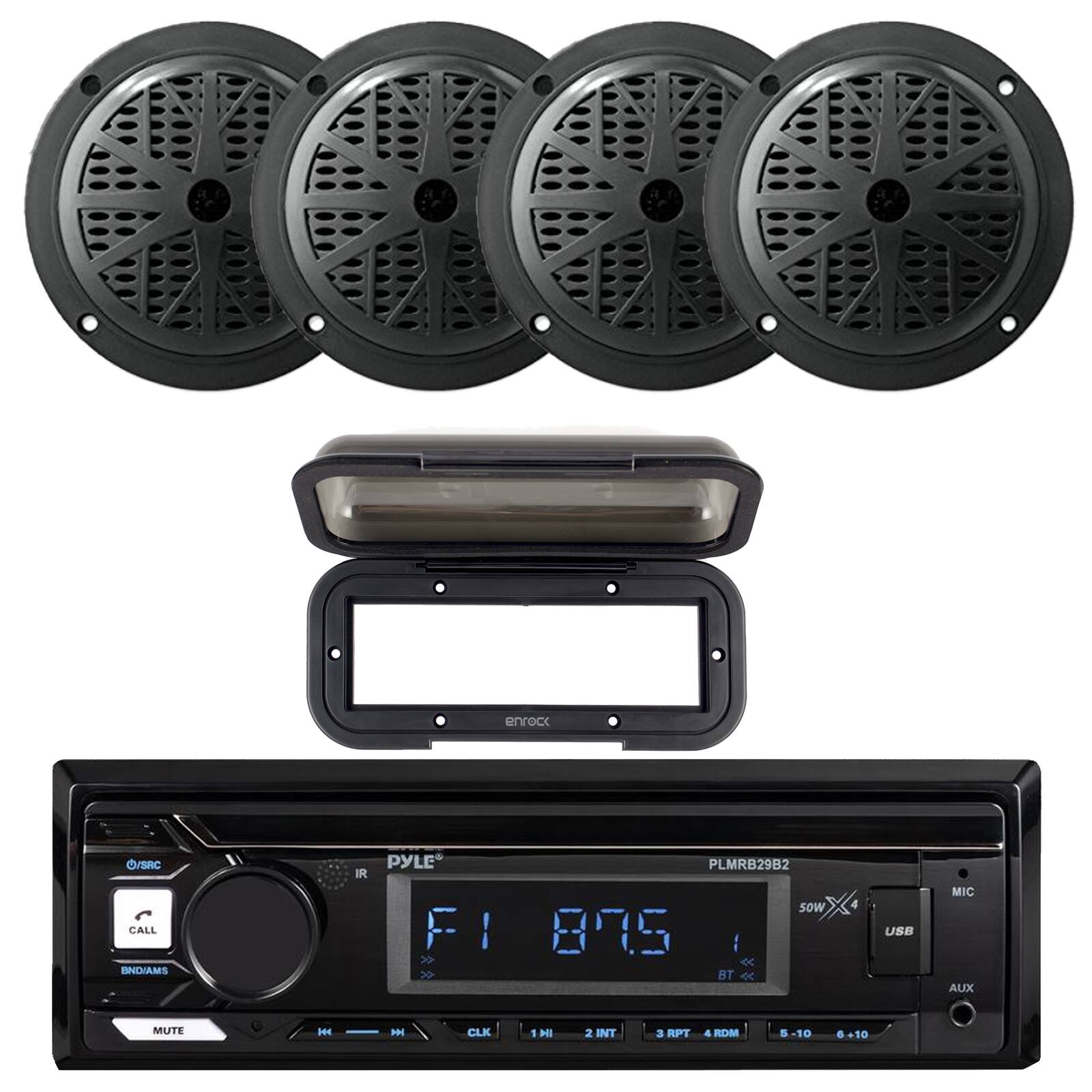 enrock O/SRC CALL SNDIAMS IR PYLE FI ! > > PLMRB29B2 sOW X 875  BT e USE MIC AUX MUTE H - CLK 1 MI 2 INT a RPT 4 RDM S -10 +10