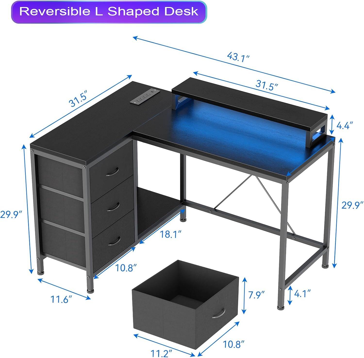 Reversible L Shaped Desk

- 43.1"
- 31.5"
- 31.5"
- 4.4"
- 29.9"
- 29.9"
- 18.1"
- 10.8"
- 11.6"
- 7.9"
- 4.1"
- 11.2"
- 10.8"