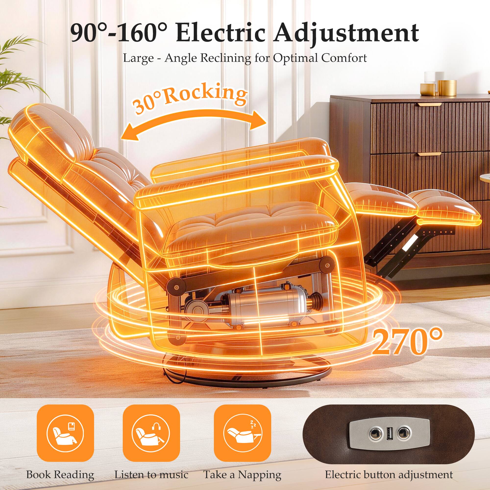 90°-160° Electric Adjustment  
Large - Angle Reclining for Optimal Comfort  
30° Rocking  
270°  
Book Reading  
Listen to music  
Take a Napping  
Electric button adjustment