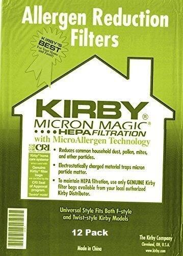 Allergen Reduction Filters

KIRBY's BEST for Your Home and Family

KIRBY MICRON MAGIC® HEPAFILTRATION with MicroAllergen Technology

- Reduces common household dust, pollen, mites, and other particles.
- Electrostatically charged material traps micron particle matter.
- To maintain HEPA filtration, use only GENUINE Kirby filter bags available from your local authorized Kirby Distributor.

Universal Style Fits Both F-style and Twist-style Kirby Models

12 Pack

Made in China

The Kirby Company
Cleveland, OH, U.S.A.
www.kirby.com