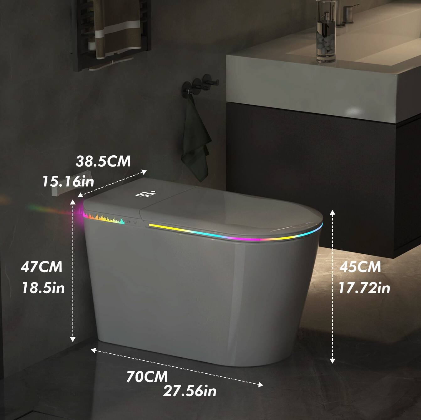 38.5CM 15.16in  
47CM 18.5in  
45CM 17.72in  
70CM 27.56in