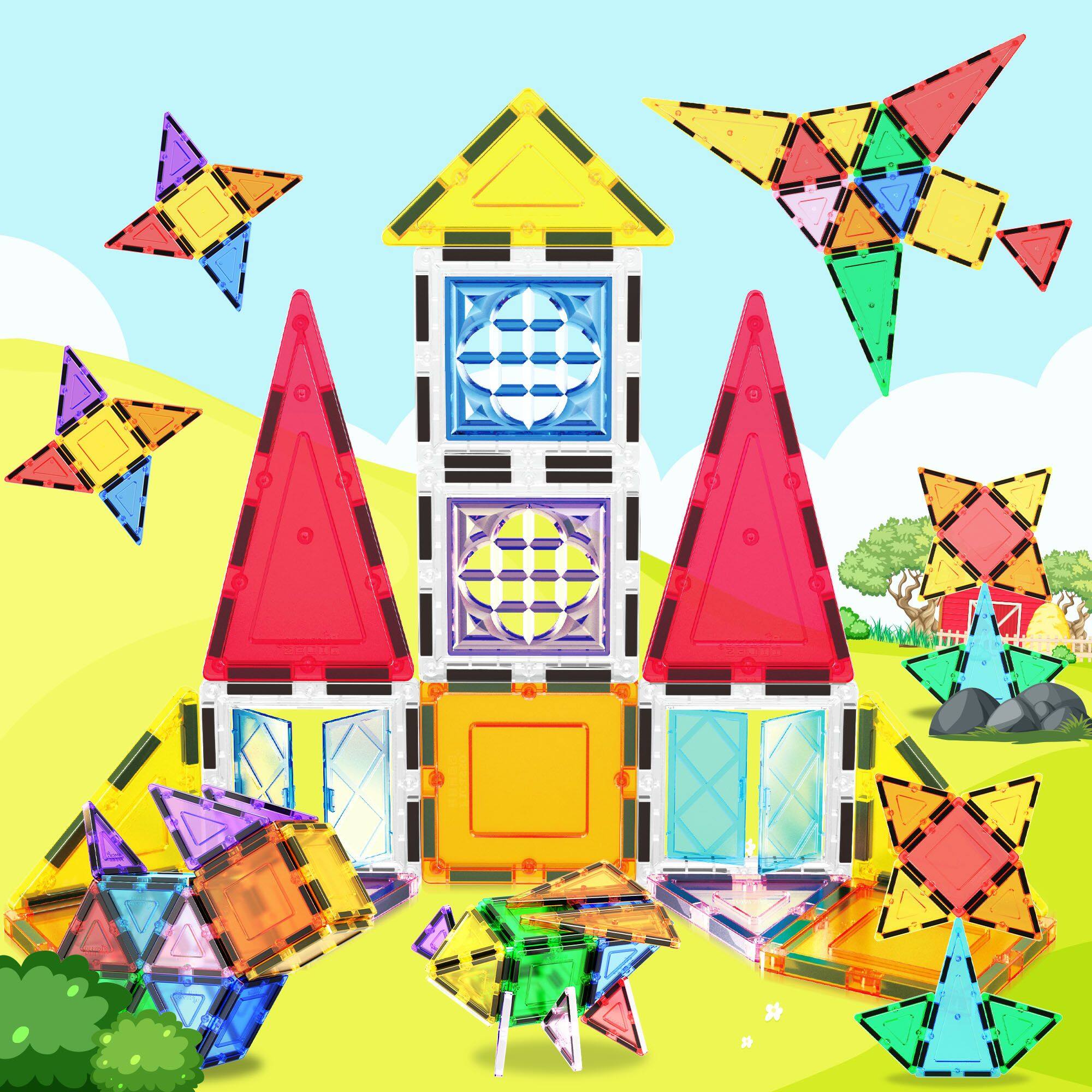 Alt View 3. PicassoTiles - PICASSO-TILES Magnetic Tiles for Kids, Building Set with Windows and Doors, Instruction Booklet Included.