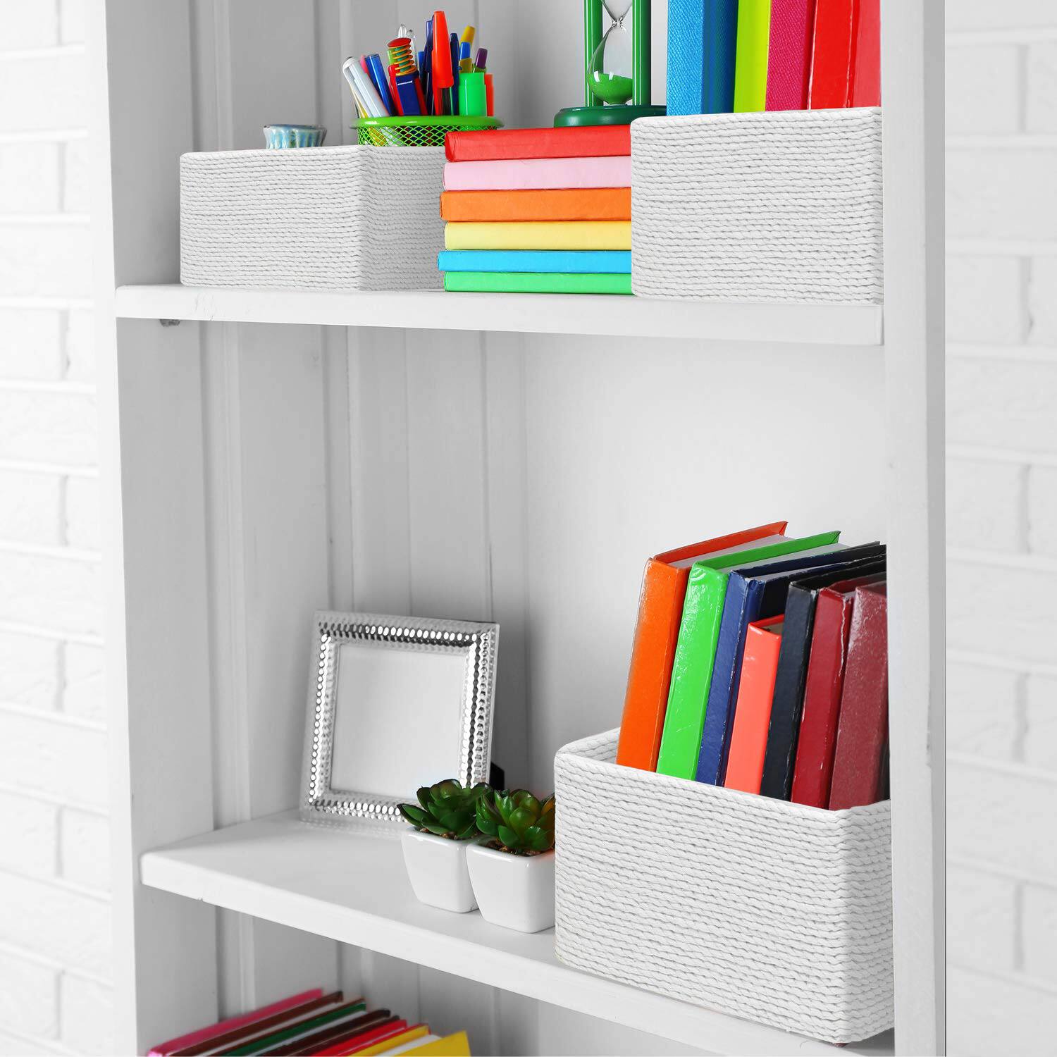 Angle. Sorbus - Sorbus Storage Baskets 4-Piece Set - Stackable Woven Basket Paper Rope Bin Boxes for Makeup, Office Supplies - White.