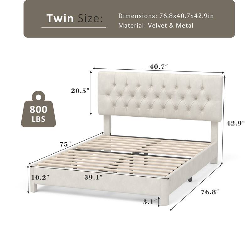 Twin Size:  
Dimensions: 76.8x40.7x42.9in  
Material: Velvet & Metal  

- 40.7"  
- 20.5"  
- 800 LBS  
- 42.9"  
- 75"  
- 10.2"  
- 39.1"  
- 3.1"  
- 76.8"