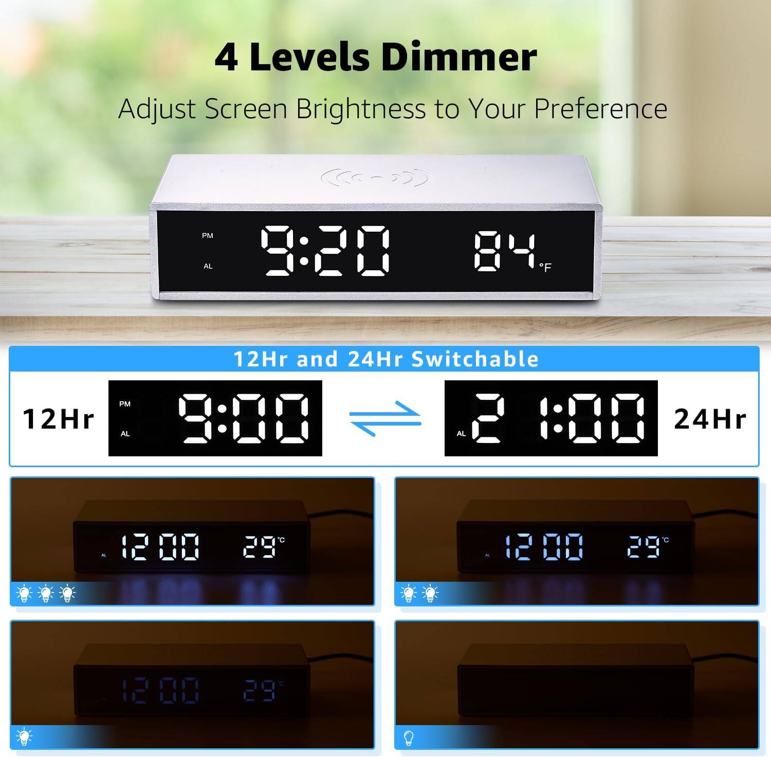 4 Levels Dimmer  
Adjust Screen Brightness to Your Preference  

12Hr and 24Hr Switchable  

PM 9:20 84°F  
AL 9:00 21:00  

12:00 29°C  
12:00 29°C