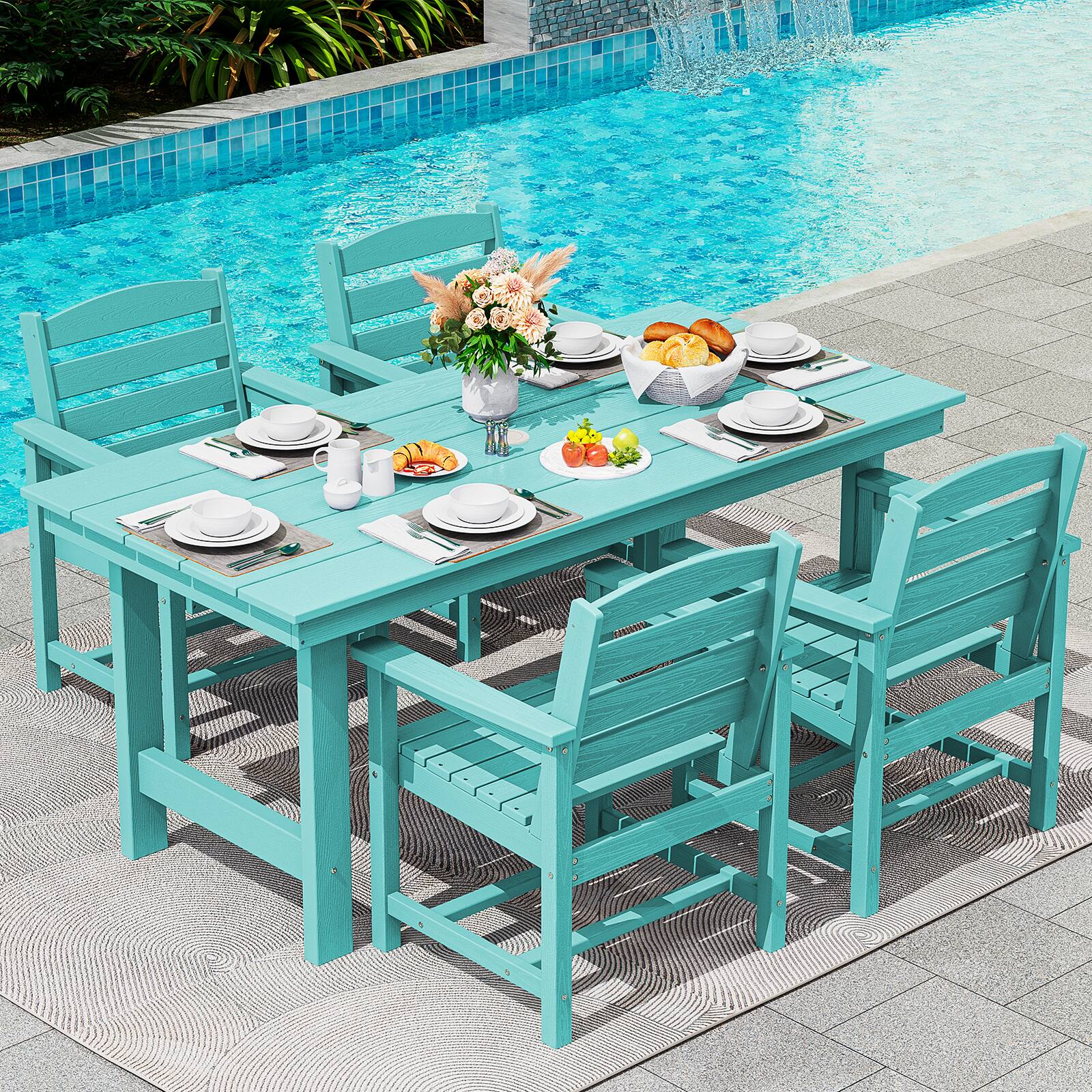 Alt View 6. SERWALL - 7 Pcs Outdoor Dining Set, Outdoor Dining Furniture with Rectangular Table & 6 Chairs, All-Weather Resistant Dining Set - Aruba.