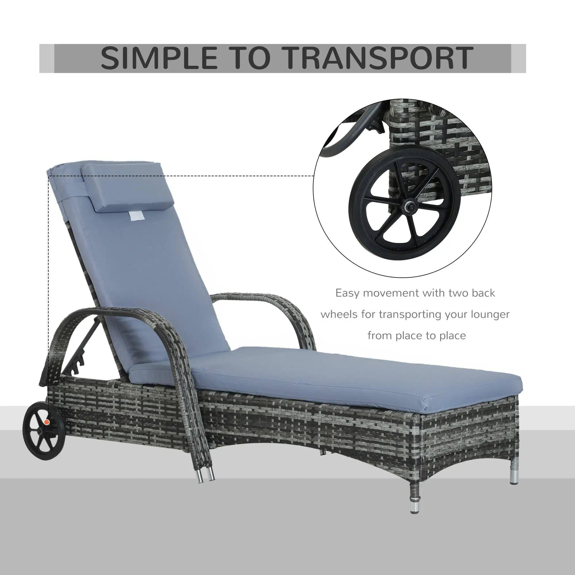 SIMPLE TO TRANSPORT
Easy movement with two back wheels for transporting your lounger from place to place