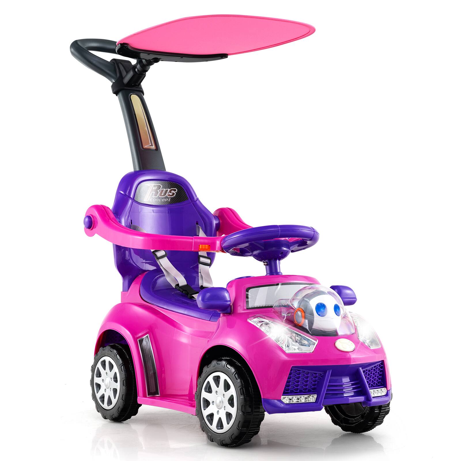 Gymax - 3-in-1 Sliding Walker w/ Adjustable Canopy Horn Music & Light for Boys & Girls - Pink