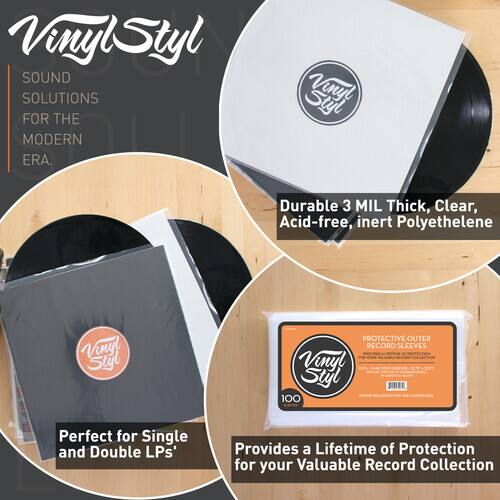 Vinyl Styl  
SOUND SOLUTIONS FOR THE MODERN ERA.

Durable 3 MIL Thick, Clear, Acid-free, Inert Polyethylene

Perfect for Single and Double LPs

Provides a Lifetime of Protection for your Valuable Record Collection