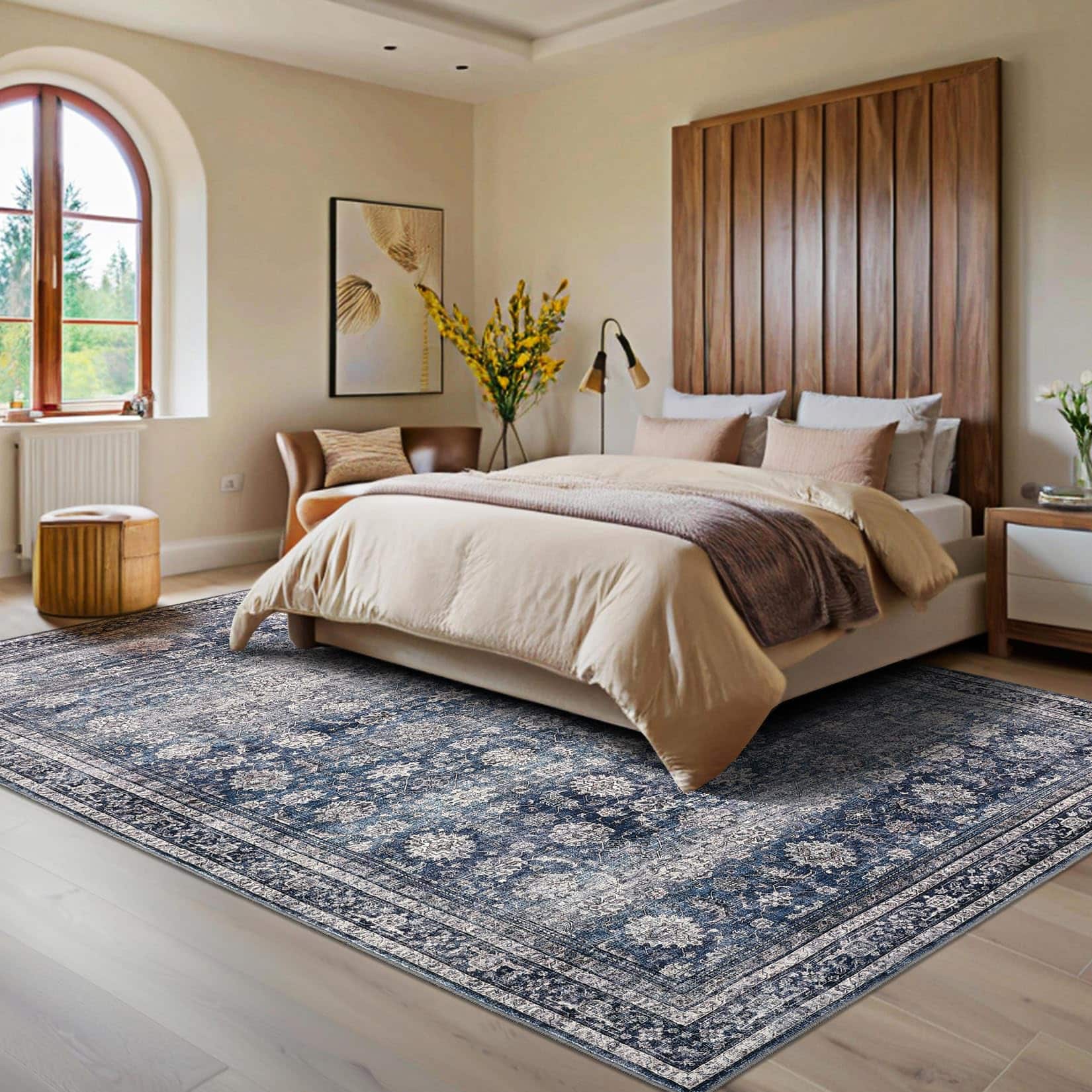 Fabibe - 5X7 BLUE Farmhouse Floral Wool Indoor GARVEEHOME VINTAGE FLORAL PRINT AREA FOR LIVING ROOM WASHABLE NON SLIP FARMHOUSE - Denim / Multi 3' x 5' (Rectangular)