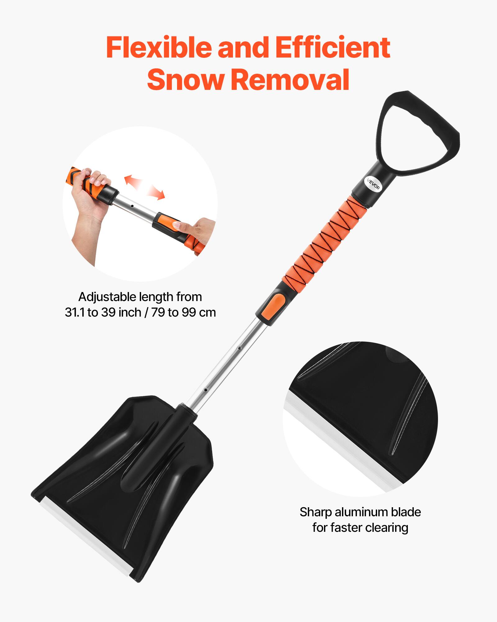 Flexible and Efficient Snow Removal

Adjustable length from 31.1 to 39 inch / 79 to 99 cm

Sharp aluminum blade for faster clearing
