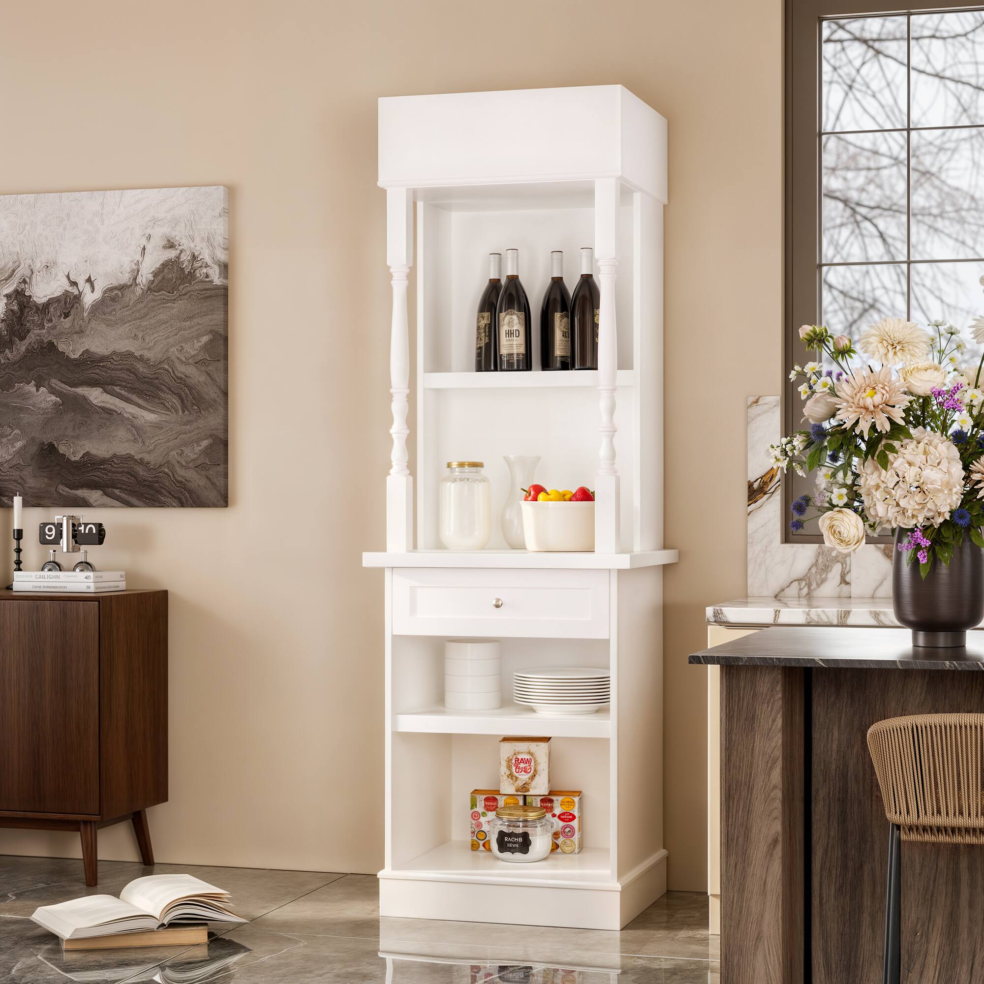 Left. FUFU & GAGA - Compact Kitchen Storage Cabinet with Multi-Layer Shelves Drawers and Anti-Tip Safety Design for Small Spaces - White.