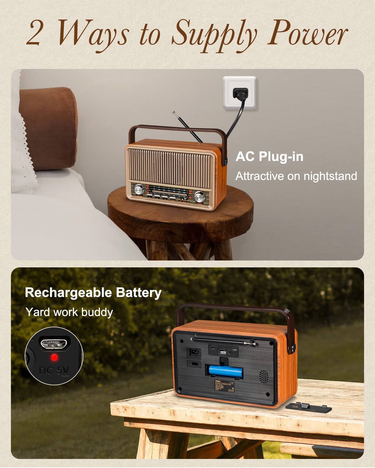 2 Ways to Supply Power

AC Plug-in  
Attractive on nightstand

Rechargeable Battery  
Yard work buddy  
DC 5V