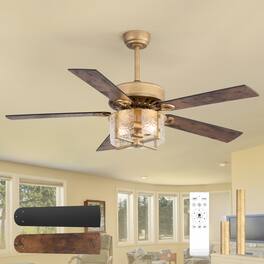Breezary - 52-Inch Large Ceiling Fan with Light Fixture, 5 Dual-Finish Plywood Blades, DC Motor, Remote Control, 5/10-Inch Downrods - Brushed Gold with Black and Rich Walnut