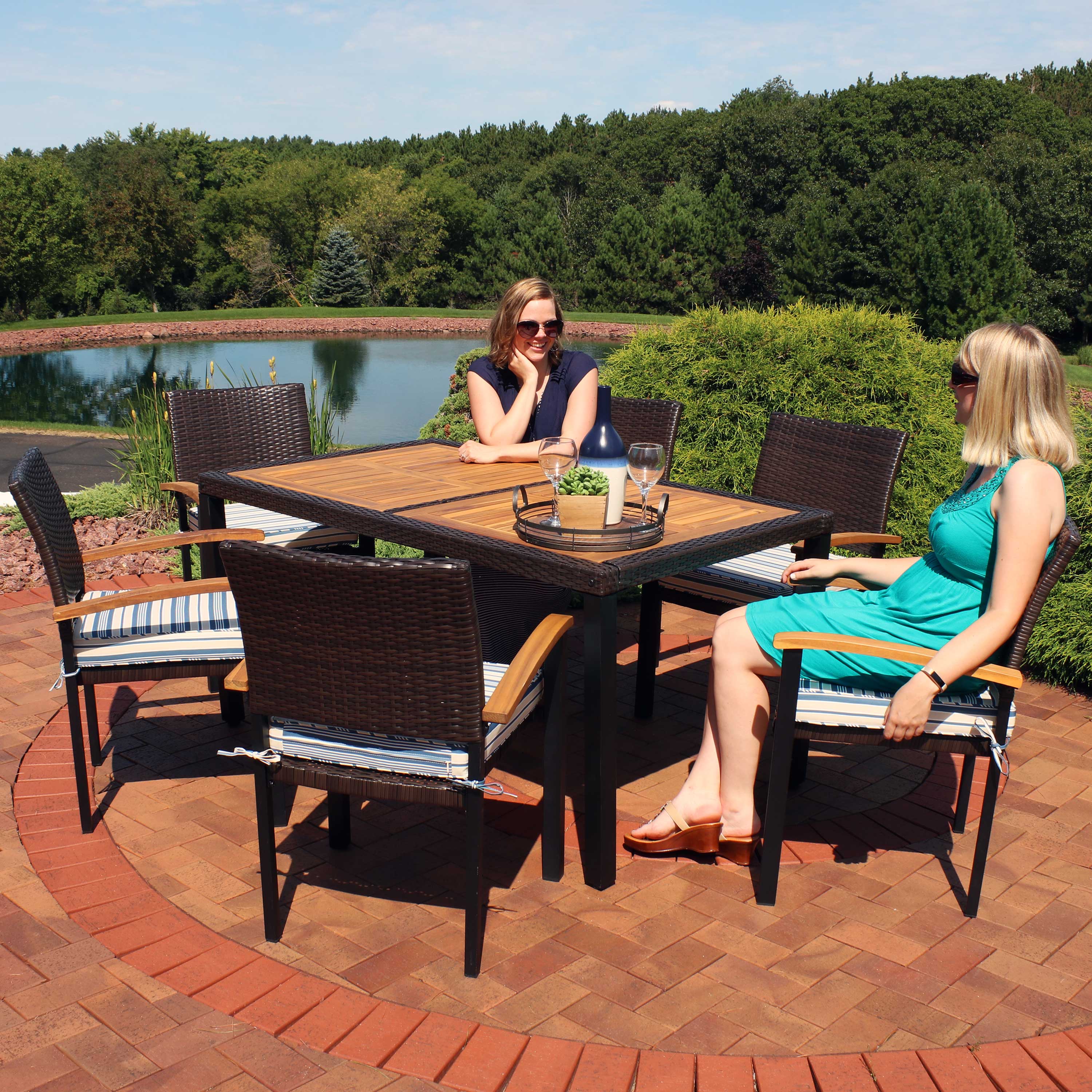 Alt View 3. Sunnydaze - Carlow Resin Wicker 7-Piece Patio Dining Set - Blue Stripe.