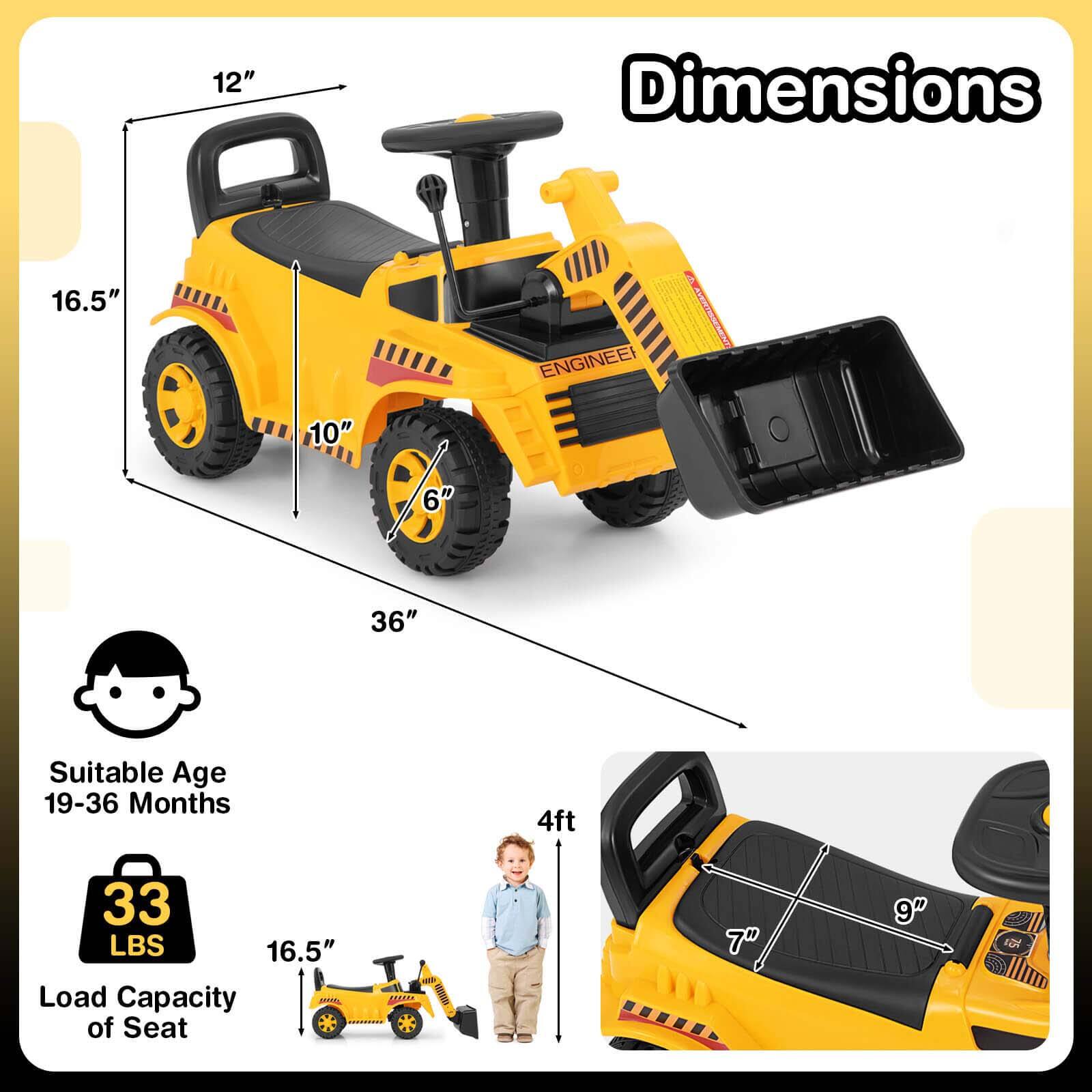 Dimensions  
12"  
16.5"  
10"  
6"  
36"  
4ft  
7"  
9"  

Suitable Age  
19-36 Months  

Load Capacity of Seat  
33 LBS  

16.5"