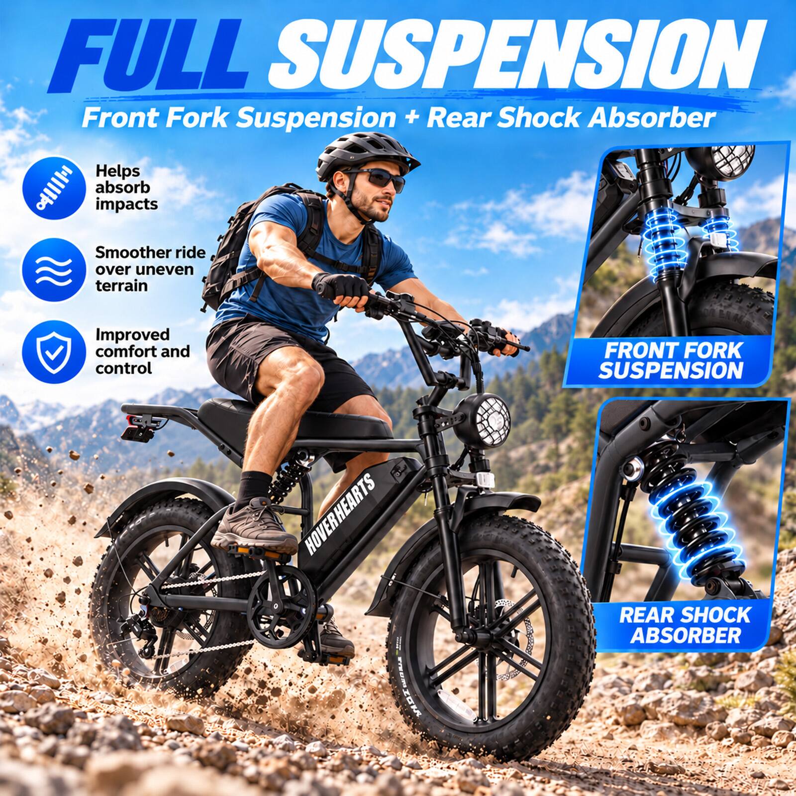 FULL SUSPENSION  
Front Fork Suspension + Rear Shock Absorber  
Helps absorb impacts  
Smoother ride over uneven terrain  
Improved comfort and control  

HOVERHEARTS YORK  
FRONT FORK SUSPENSION  
REAR SHOCK ABSORBER