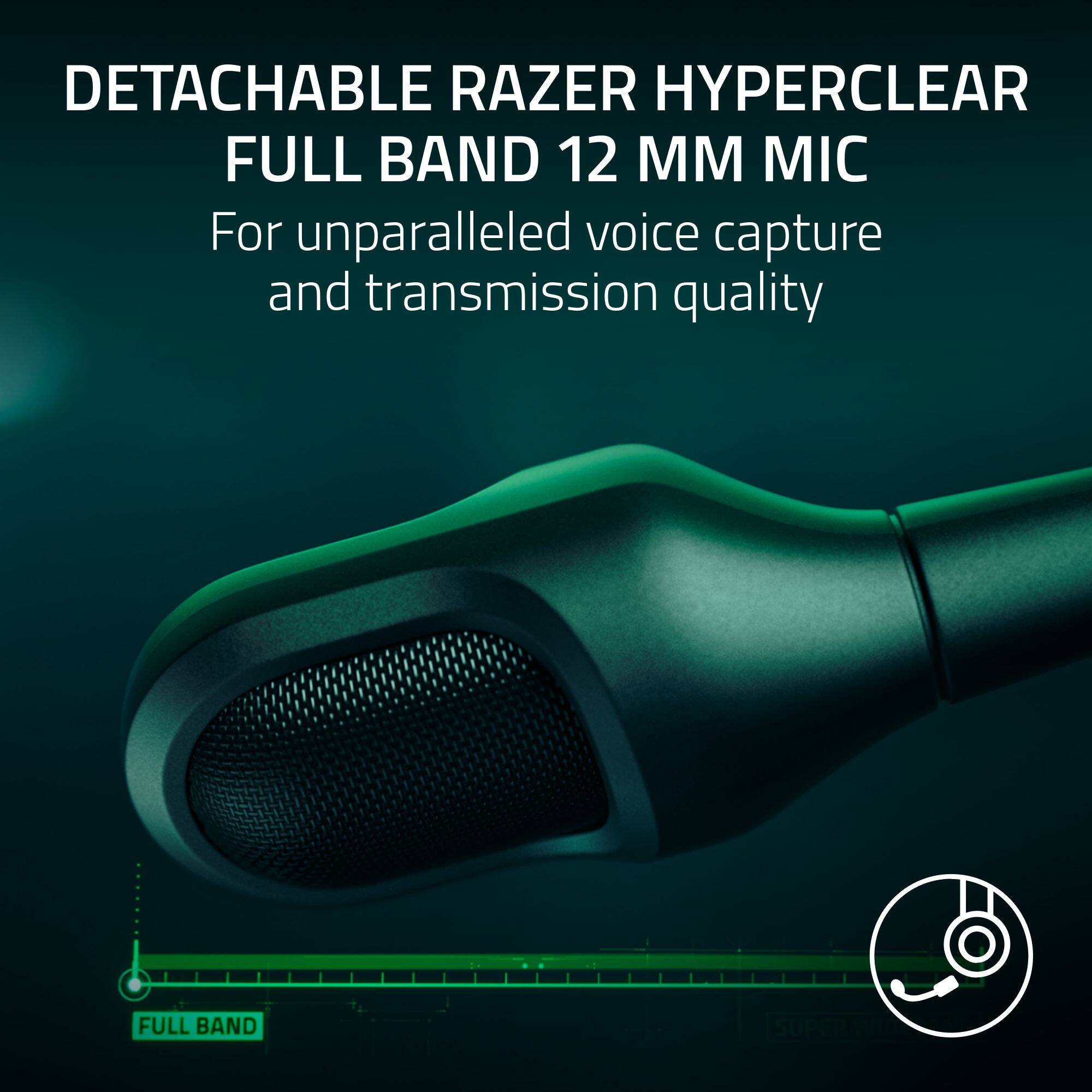 DETACHABLE RAZER HYPERCLEAR FULL BAND 12 MM MIC For unparalleled voice capture and transmission quality FULL BAND