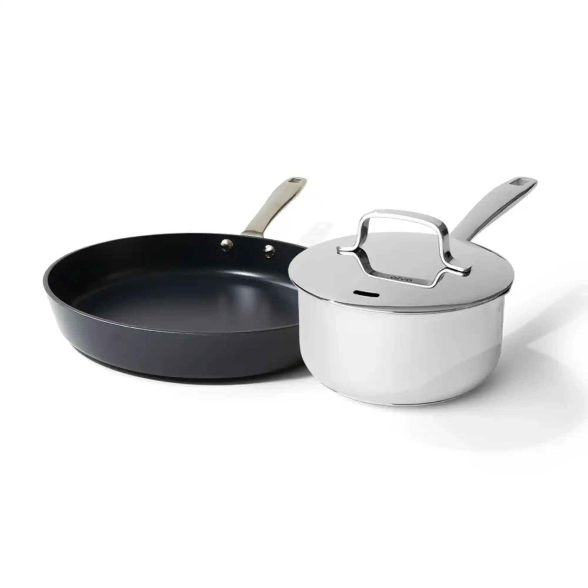 Alva - Maestro Cookware Set 3-Piece Set - 8" Nonstick Ceramic Frying Pan and 1.7Qt. Saucepan with Lid - Silver and Black