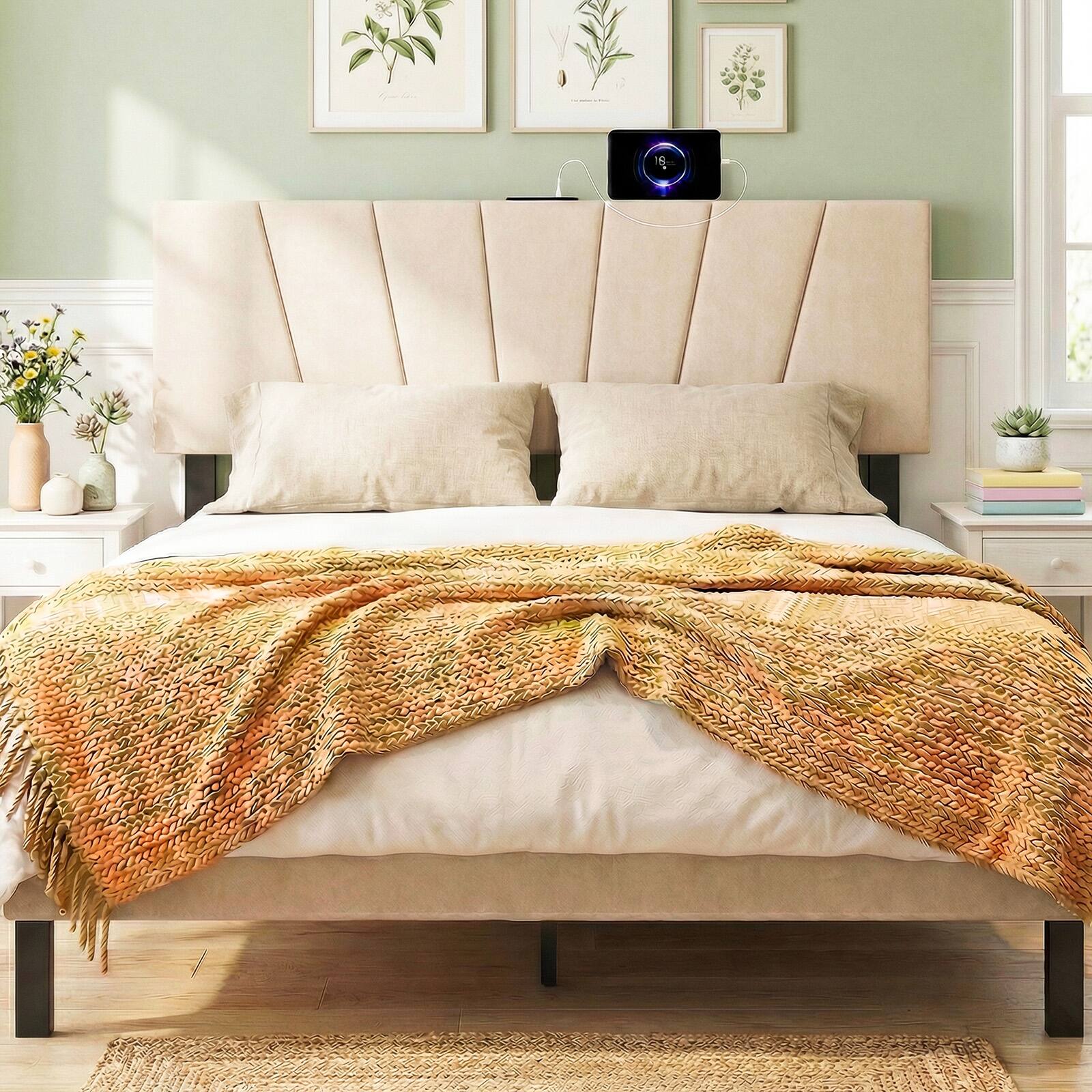 Alt View 3. Gymax - Gymax Headboard for Queen&Full Size BedGeometric Upholstered Head Board w/2AC Outlets Beige - Beige.