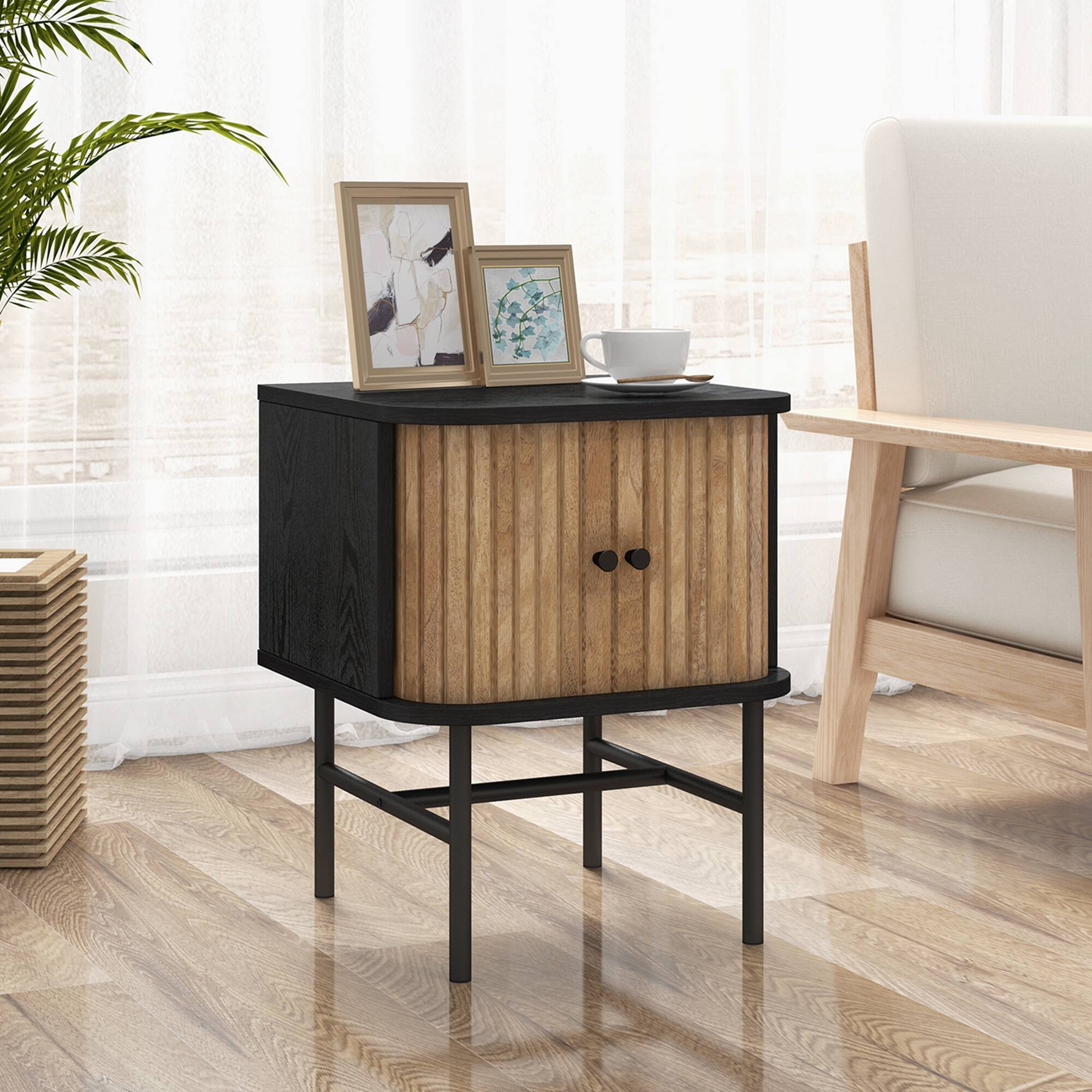 Alt View 11. Costway - Sliding Door Nightstand Mid-century Modern Storage End Table with Cabinet - Black.