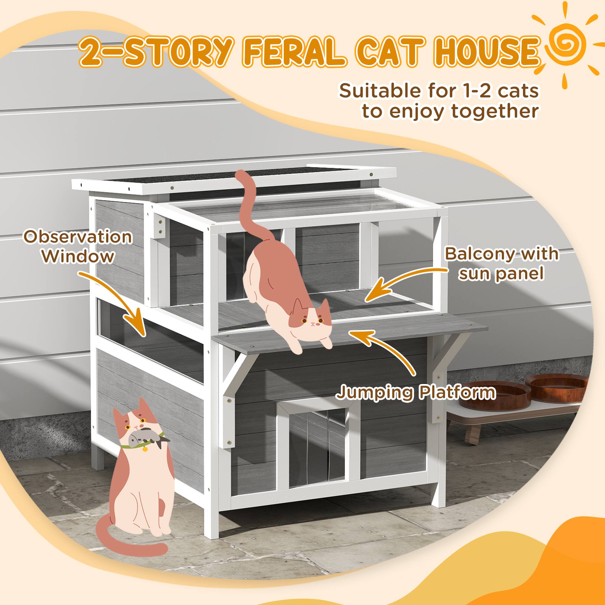 2-STORY FERAL CAT HOUSE  
Suitable for 1-2 cats to enjoy together  

Observation Window  
Balcony with sun panel  
Jumping Platform