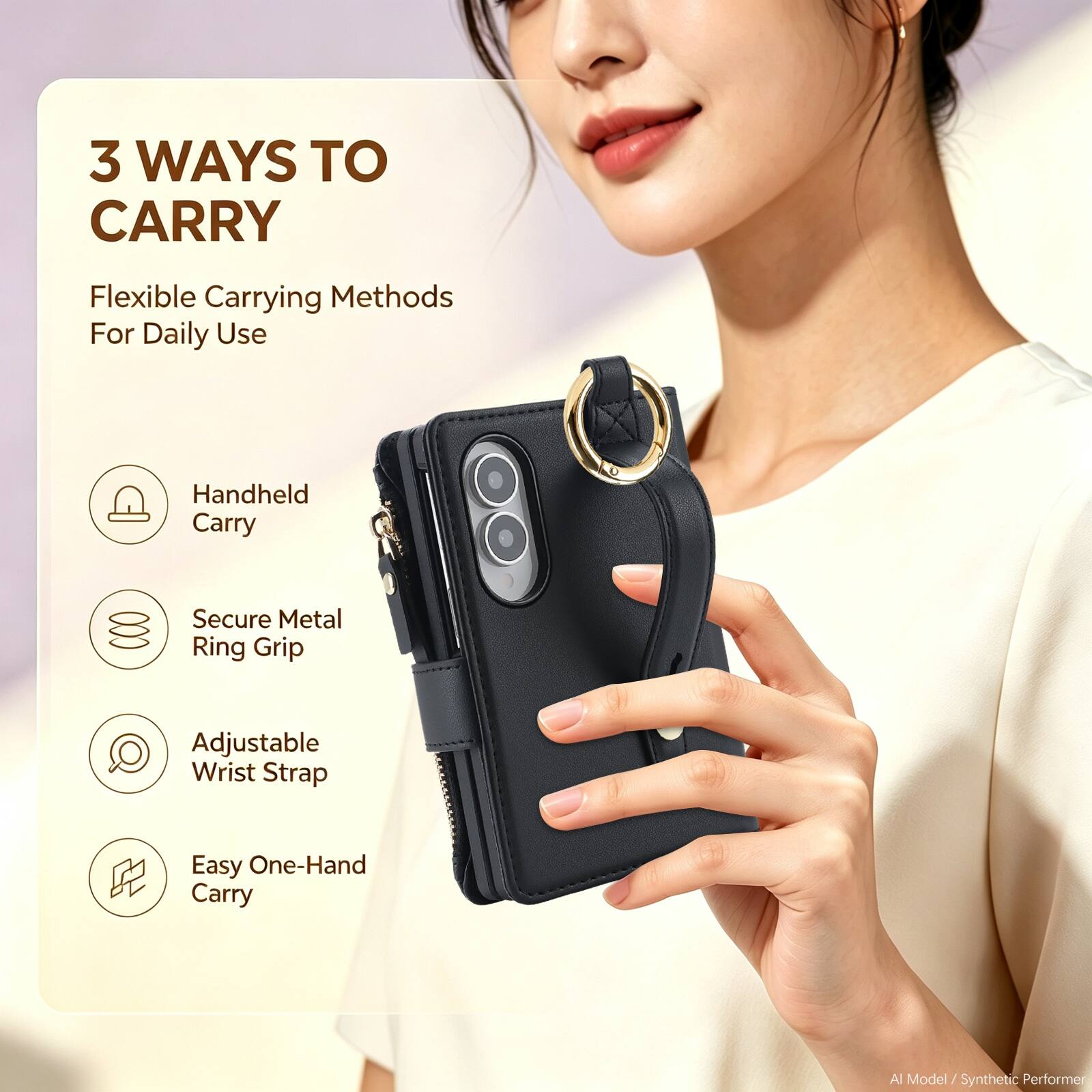 3 WAYS TO CARRY  
Flexible Carrying Methods For Daily Use  
- Handheld Carry  
- Secure Metal Ring Grip  
- Adjustable Wrist Strap  
- Easy One-Hand Carry  

AI Model / Synthetic Performer