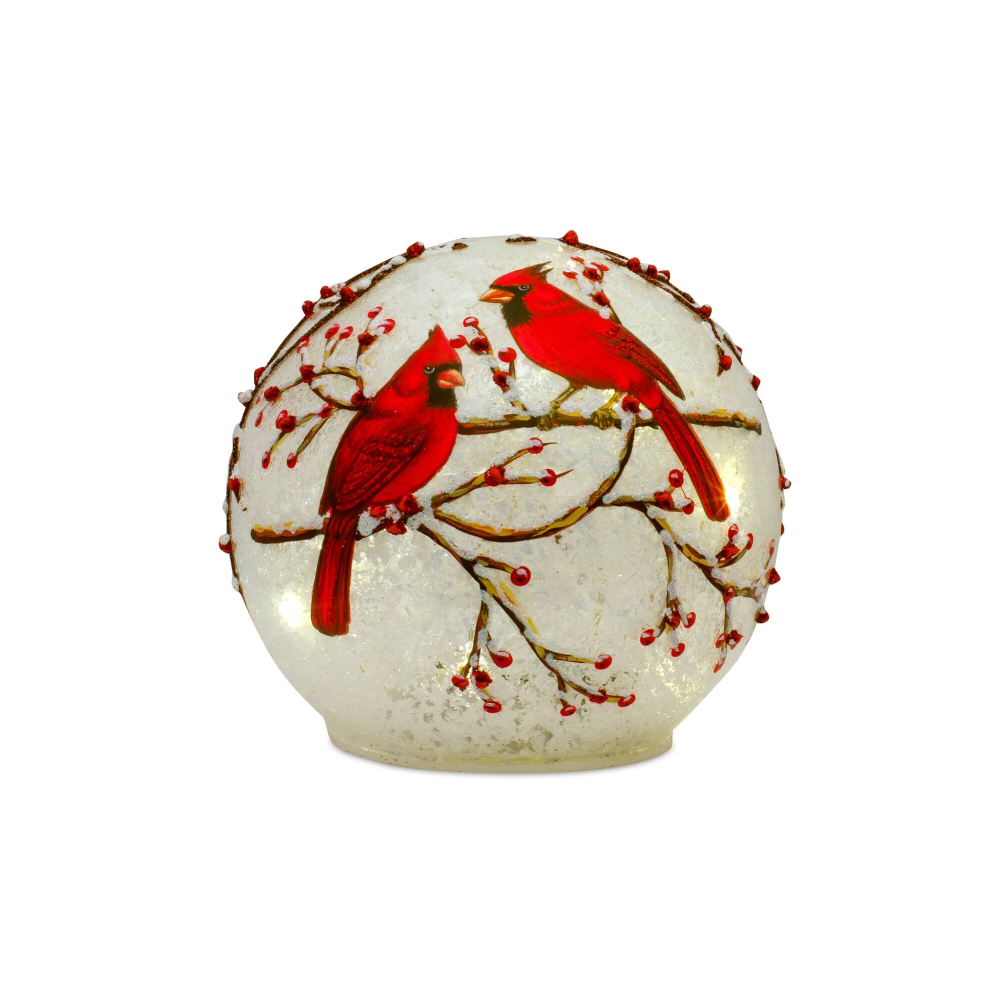 Alt View 1. BreeBe - LED Frosted Cardinal Orb with Berry Branch Design (Set of 3) - White, Red.
