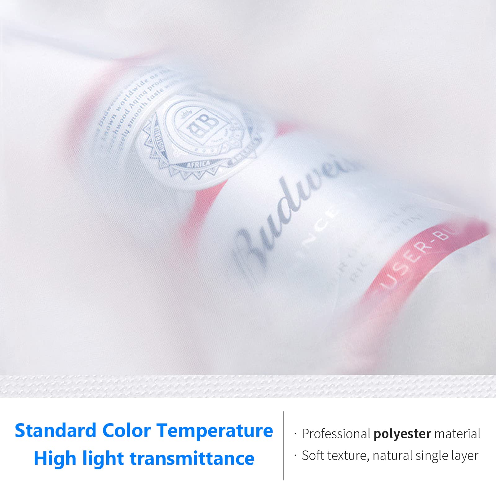 Sure, here is the corrected and grouped text:

---

**Standard Color Temperature**  
High light transmittance

- Professional polyester material
- Soft texture, natural single layer

---

**Budweiser**  
**Aging taste**  
**Smooth**  
**AUSTRALIA**  
**AFRICA**  
**USER-B**