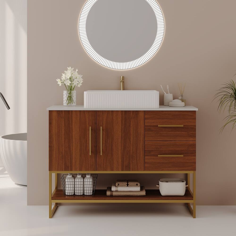 Angle. Loheer - Loheer 36 inch modern bathroom vanity with ceramic vessel sink, gold accent freestanding cabinet, walnut - Walnut, Gold, White.