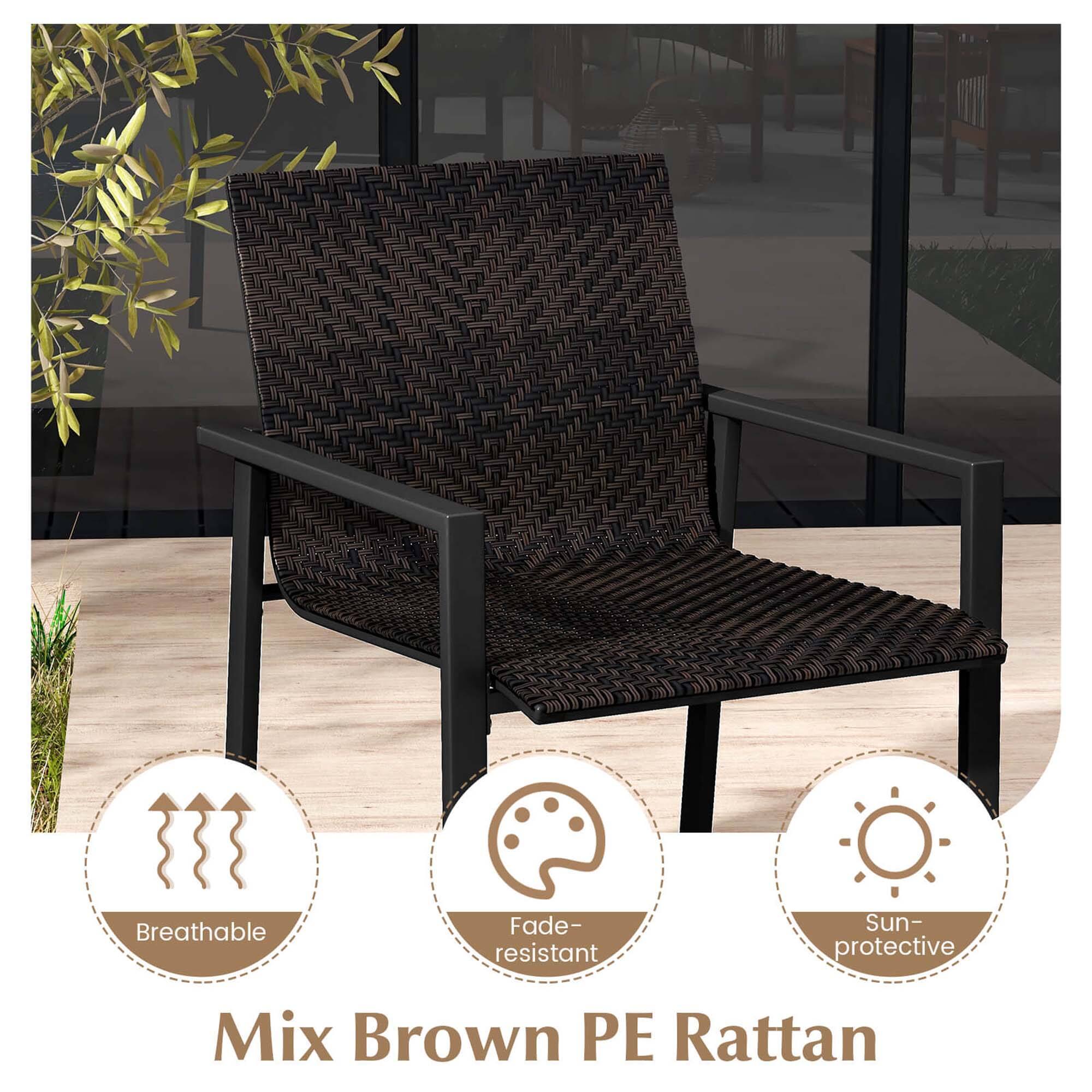 Mix Brown PE Rattan is a type of chair that is made from a combination of materials, including a breathable fabric, fade-resistant material, and sun-protective features. The chair is designed to provide comfort and durability, making it suitable for outdoor use.