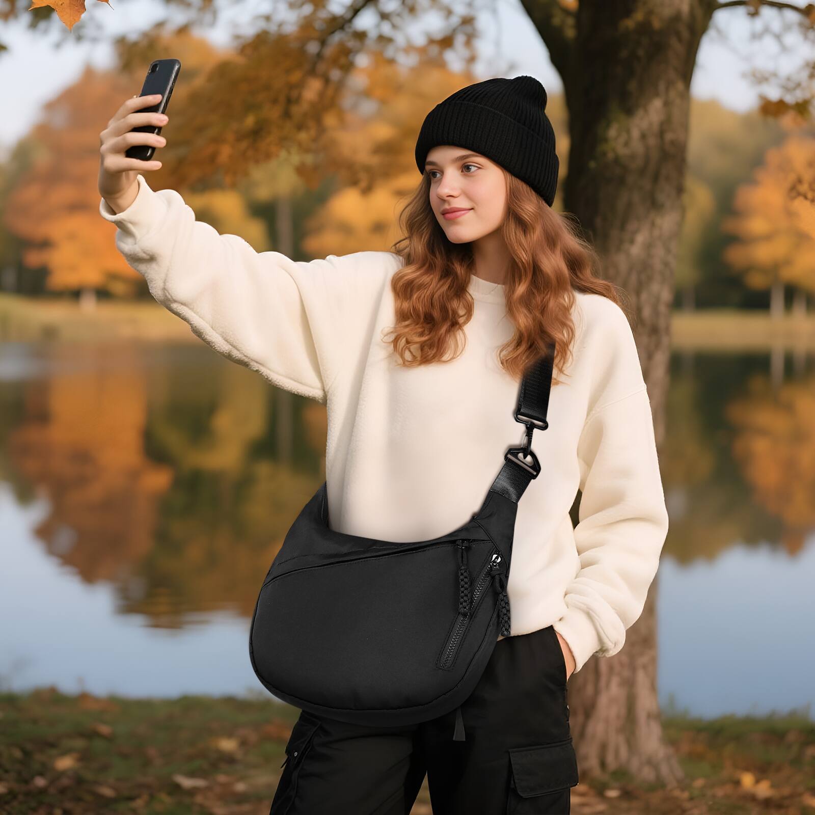 Alt View 5. Unique Bargains - Arch Crossbody Bags for Women Moon Dumpling Sling Bag Lightweight Nylon Purse for Travel - Black.