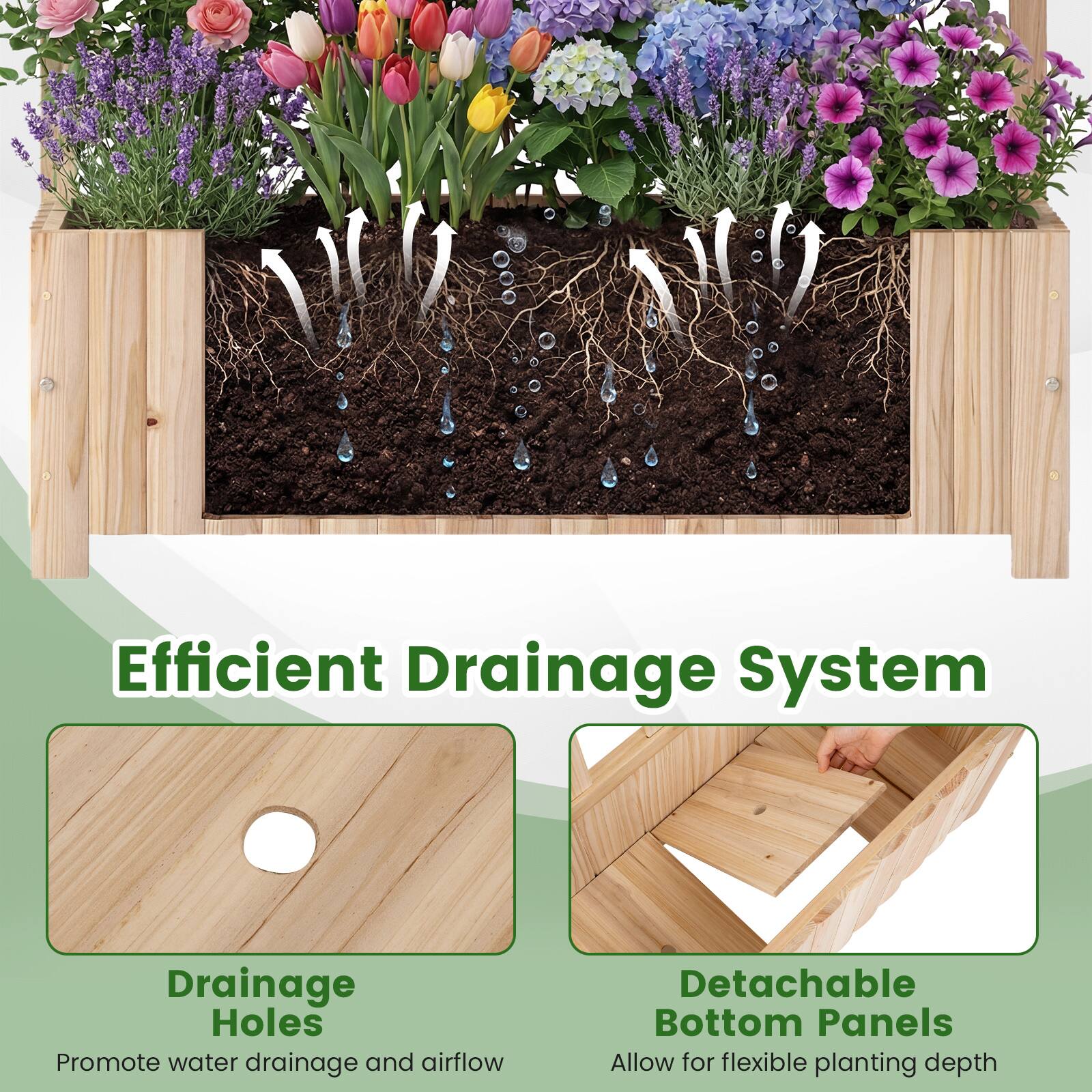 Efficient Drainage System

Drainage Holes
Promote water drainage and airflow

Detachable Bottom Panels
Allow for flexible planting depth