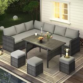 Mondawe - 7-Piece Dining Set with Fireproof Plastic Wood Frame and Cushions - Gray