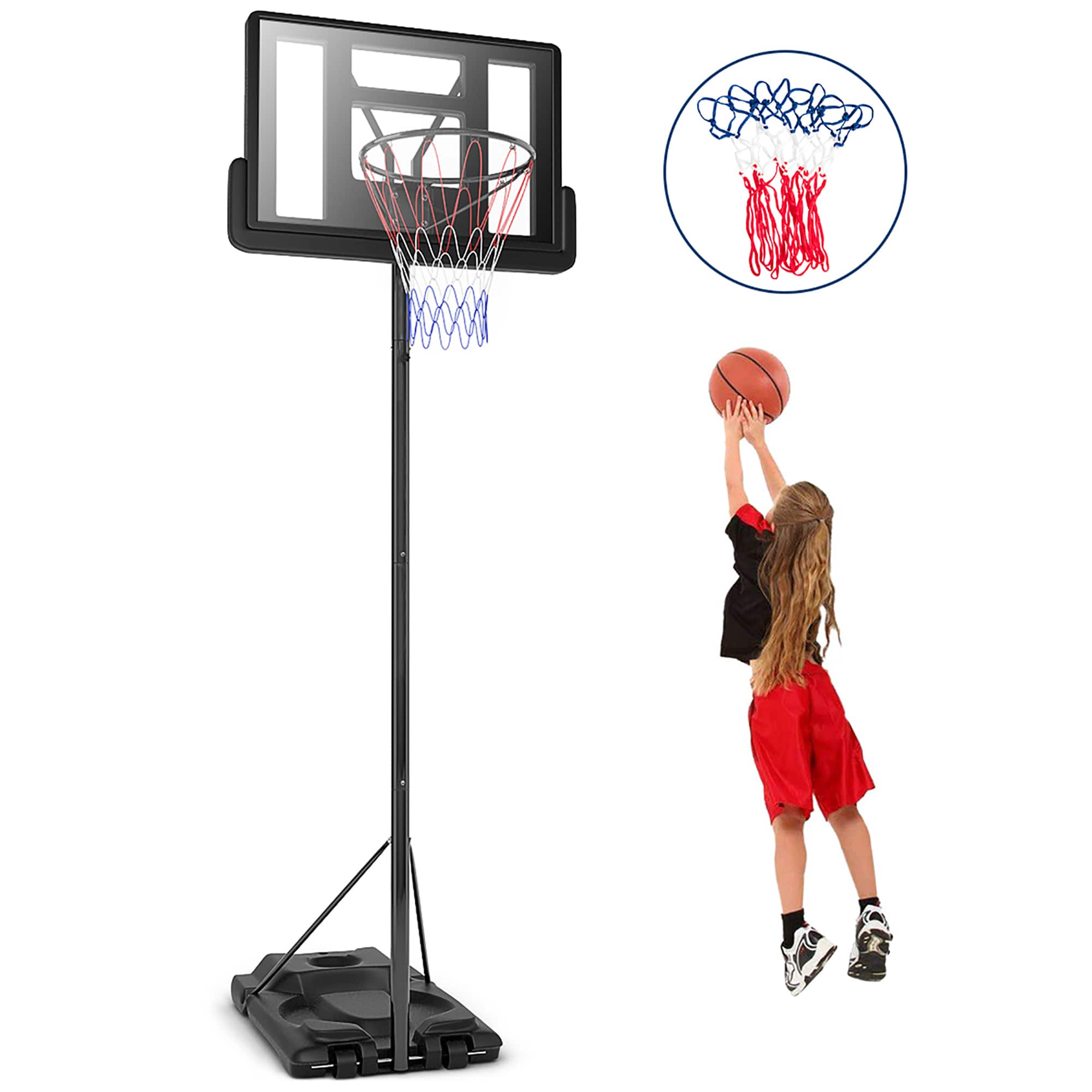 Costway - Height Adjustable Portable Basketball Hoop System Shatterproof Backboard Wheels 2 Nets - Black