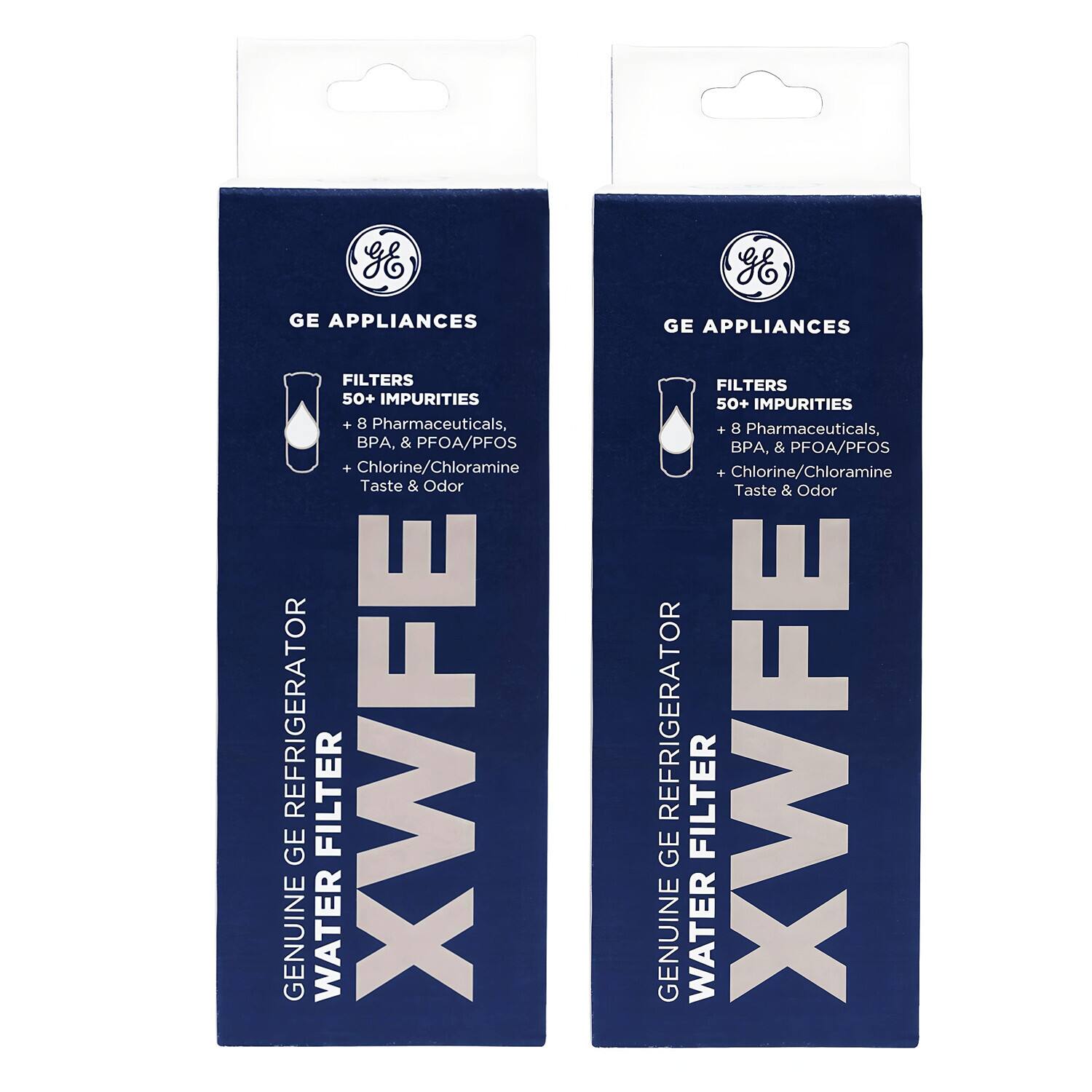 GE APPLIANCES  
FILTERS 50+ IMPURITIES  
+ 8 Pharmaceuticals, BPA, & PFOA/PFOS  
+ Chlorine/Chloramine  
Taste & Odor  

GENUINE WATER FILTER  
FOR GE REFRIGERATOR  
XWFE  

GE APPLIANCES  
FILTERS 50+ IMPURITIES  
+ 8 Pharmaceuticals, BPA, & PFOA/PFOS  
+ Chlorine/Chloramine  
Taste & Odor  

GENUINE WATER FILTER  
FOR GE REFRIGERATOR  
XWFE